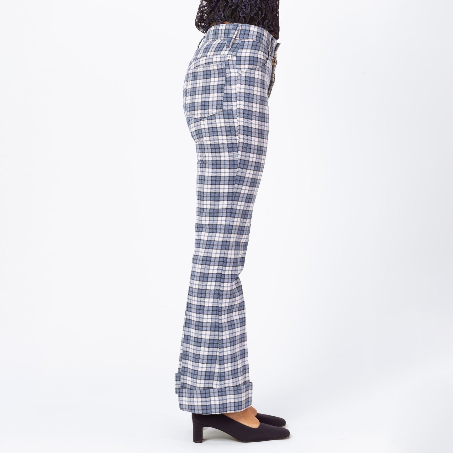 Vintage 70s Blue Plaid Knit Flared Trousers - Men's XS, Women's Small | 1970s High Waisted Fall Pants, Retro Cuffed Woven Trousers