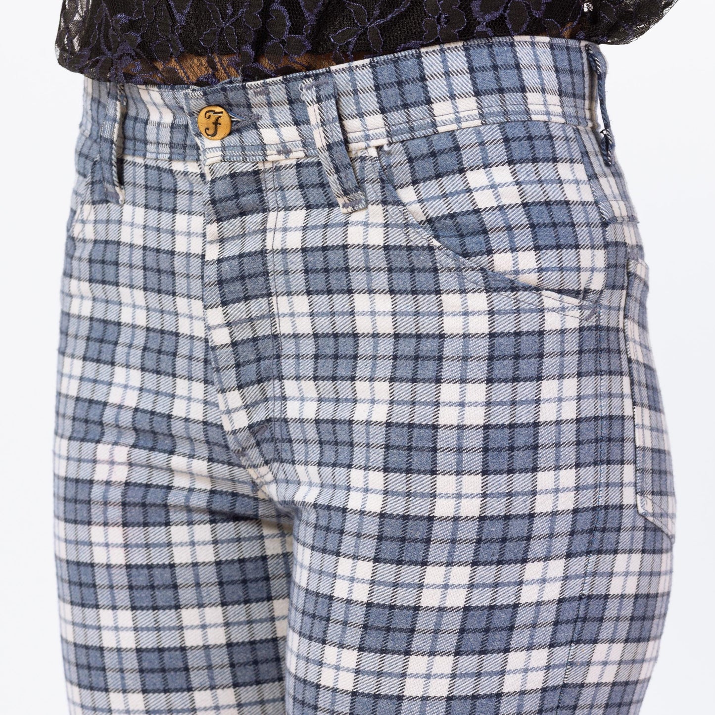 Vintage 70s Blue Plaid Knit Flared Trousers - Men's XS, Women's Small | 1970s High Waisted Fall Pants, Retro Cuffed Woven Trousers
