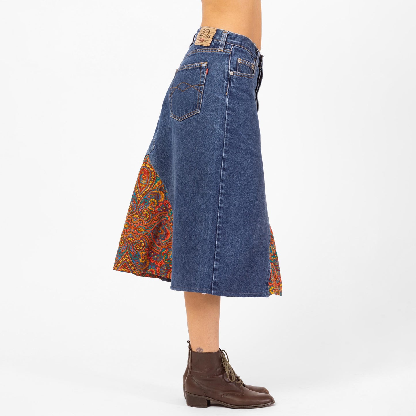 Vintage 90s French Connection Denim & Paisley Midi Skirt - Small to Medium, 28" Waist | Reworked A-Line Split Panel Upcycled Jean Skirt