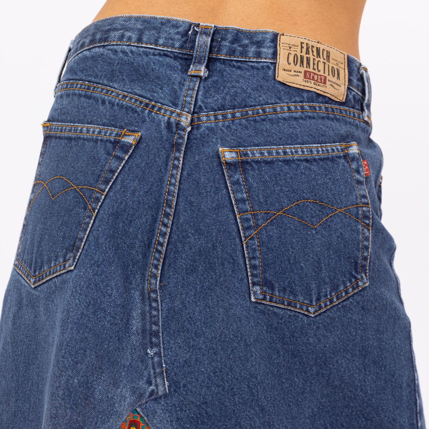 Vintage 90s French Connection Denim & Paisley Midi Skirt - Small to Medium, 28" Waist | Reworked A-Line Split Panel Upcycled Jean Skirt