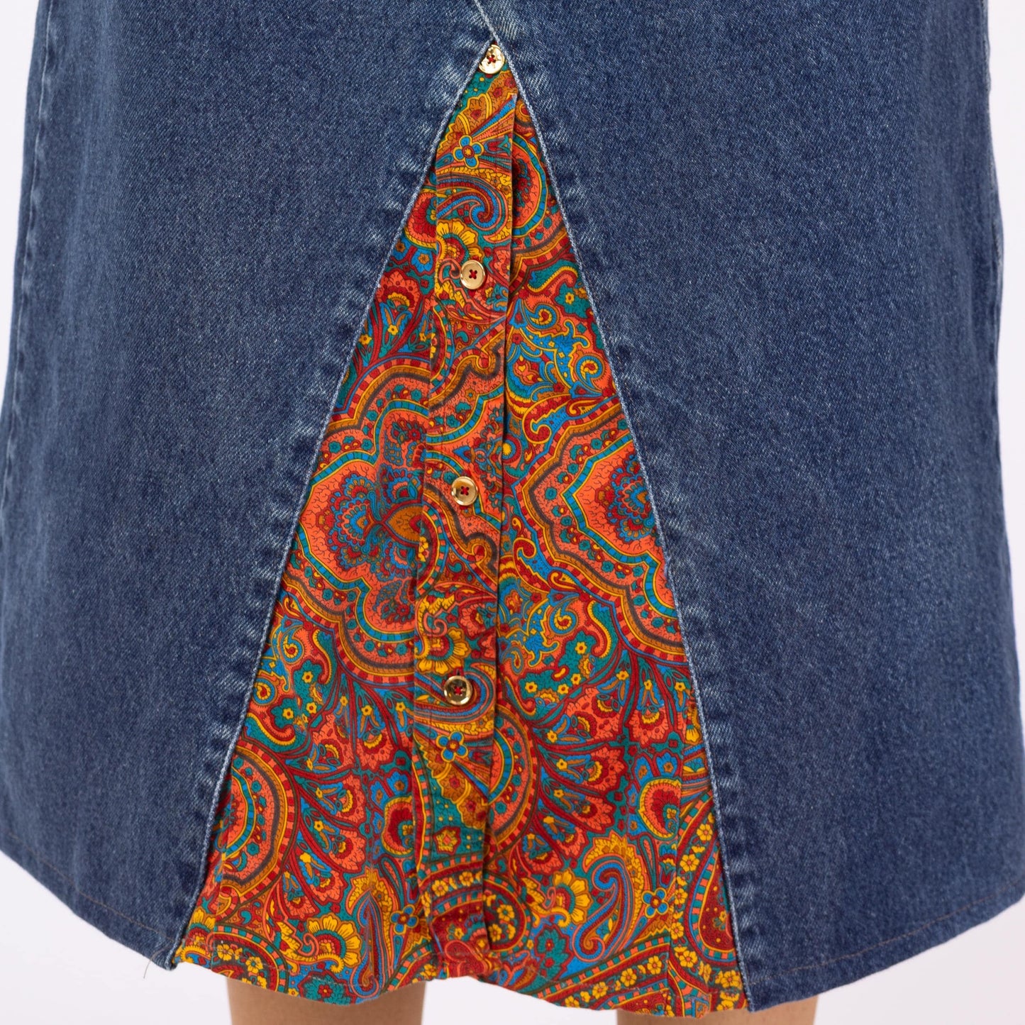 Vintage 90s French Connection Denim & Paisley Midi Skirt - Small to Medium, 28" Waist | Reworked A-Line Split Panel Upcycled Jean Skirt