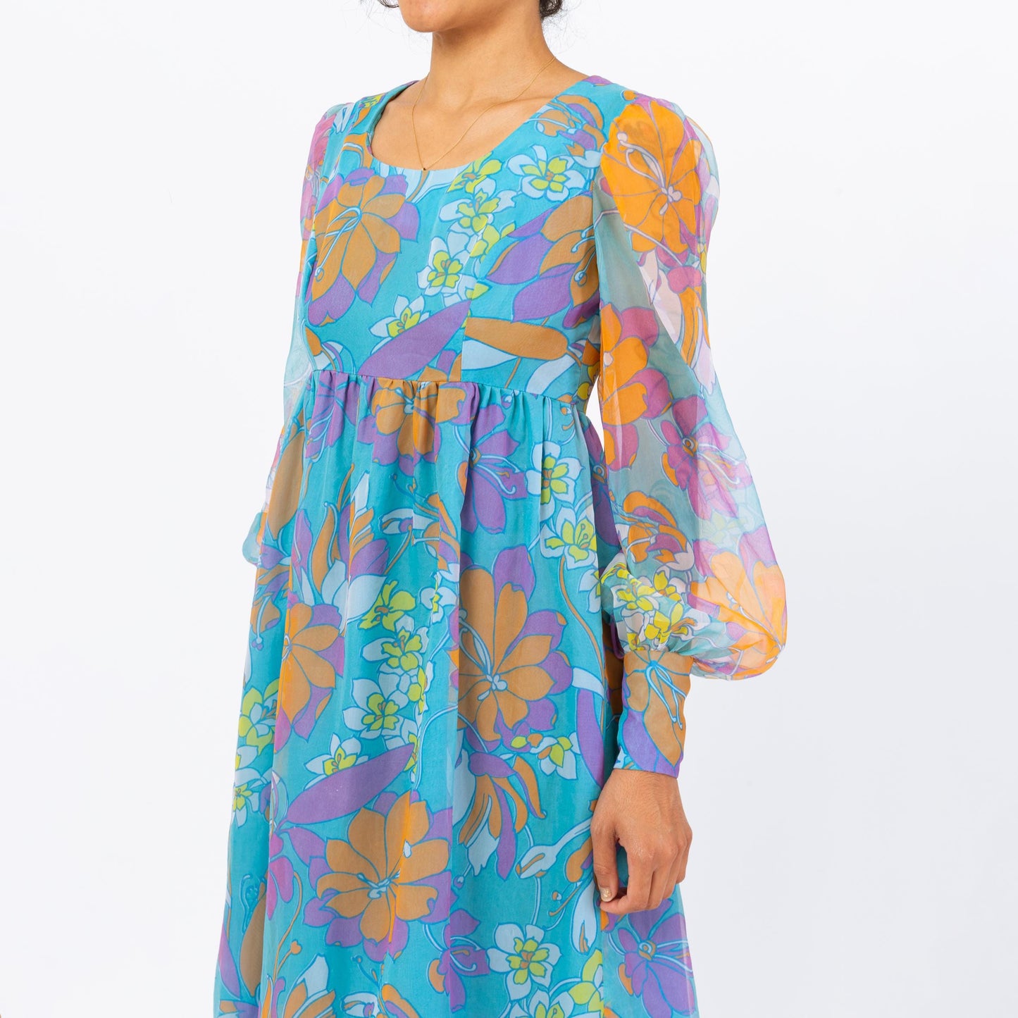 Vintage 70s Psychedelic Blue Floral Maxi Dress - Medium | Boho Sheer Chiffon Puff Sleeve Hostess Party Gown