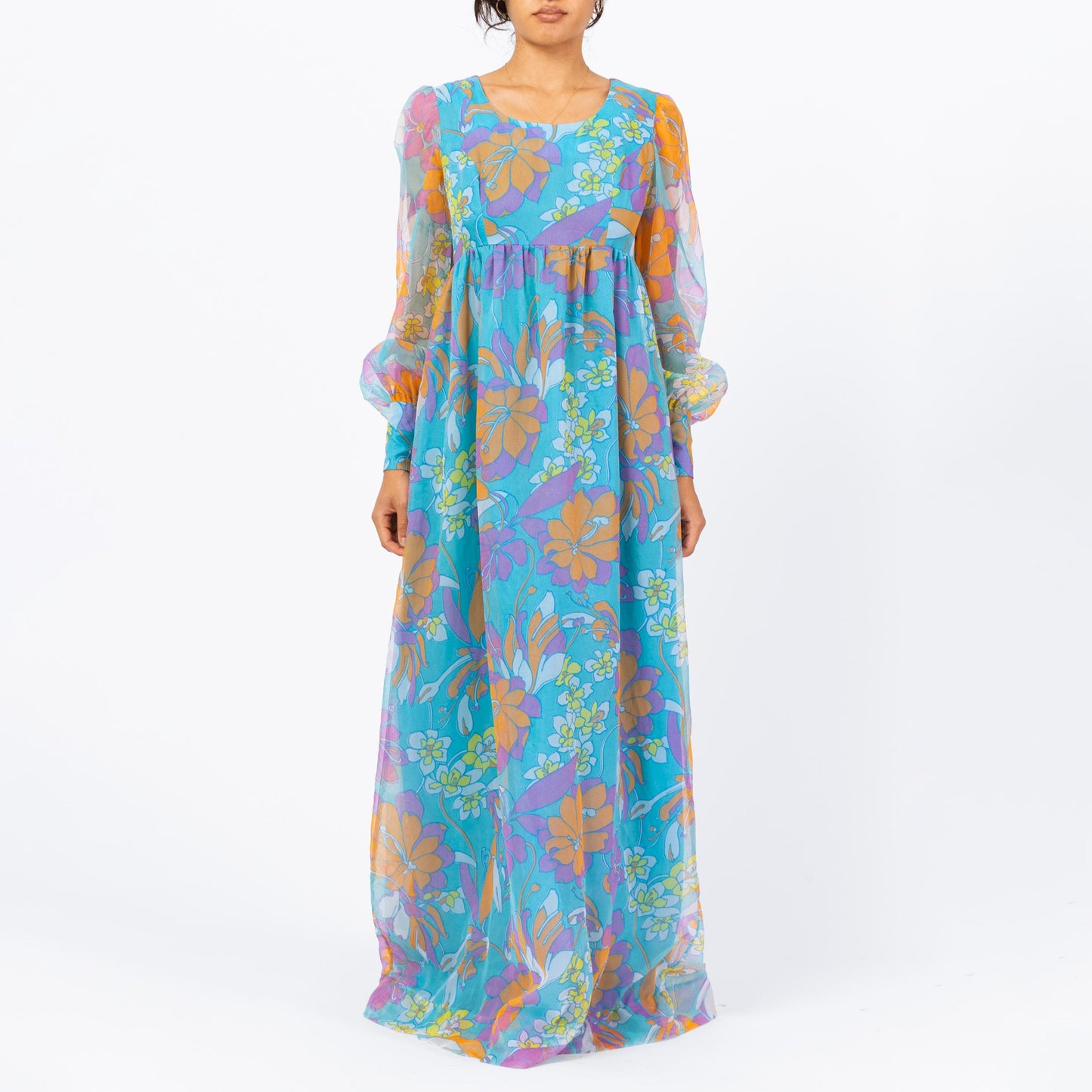Vintage 70s Psychedelic Blue Floral Maxi Dress - Medium | Boho Sheer Chiffon Puff Sleeve Hostess Party Gown