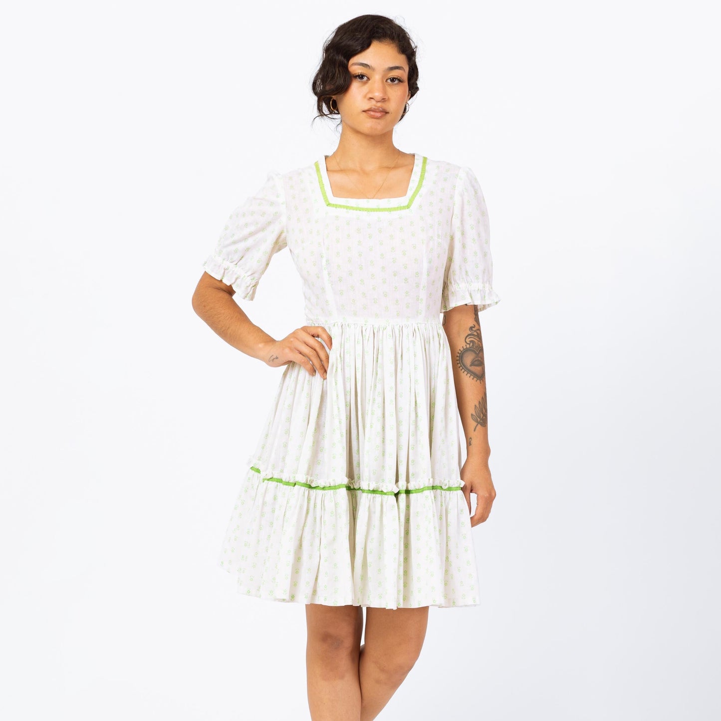 Vintage 70s White & Green Floral Square Dance Mini Dress - Small | Boho Fit Flare Cottagecore Summer Prairie Dress