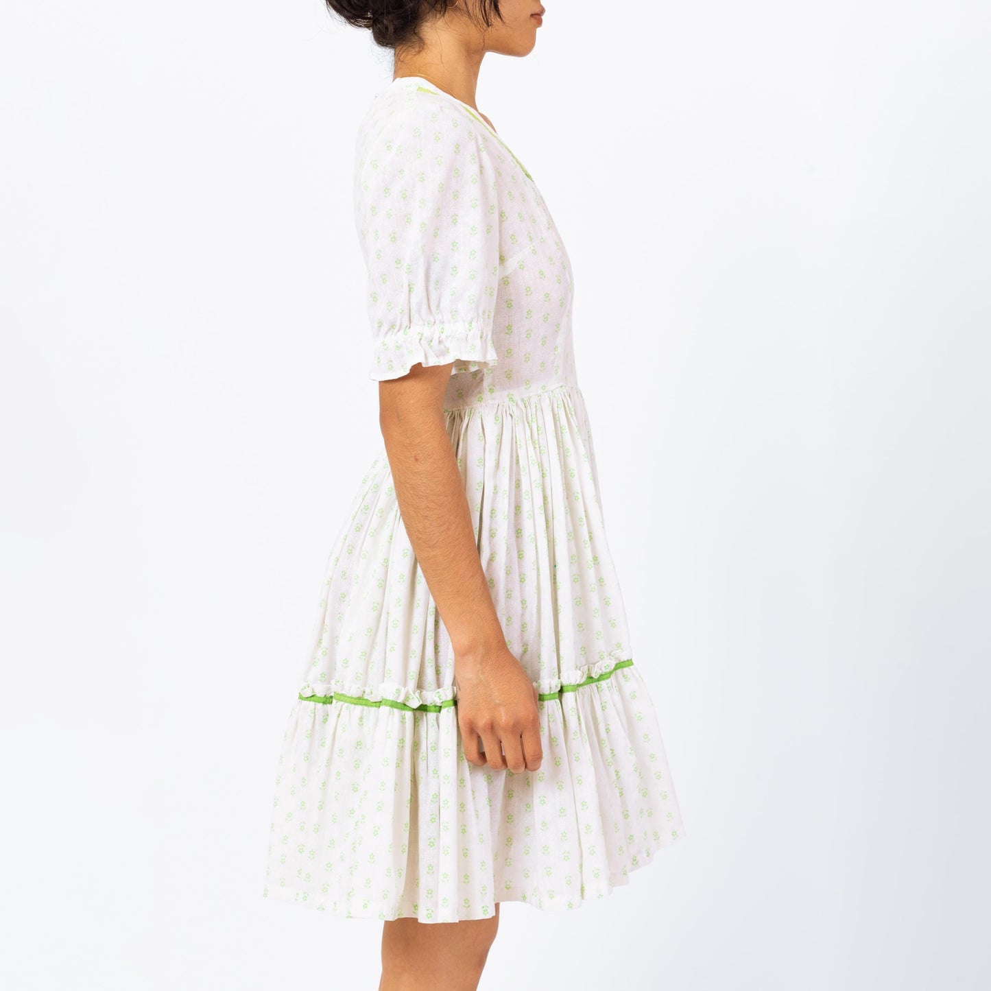 Vintage 70s White & Green Floral Square Dance Mini Dress - Small | Boho Fit Flare Cottagecore Summer Prairie Dress