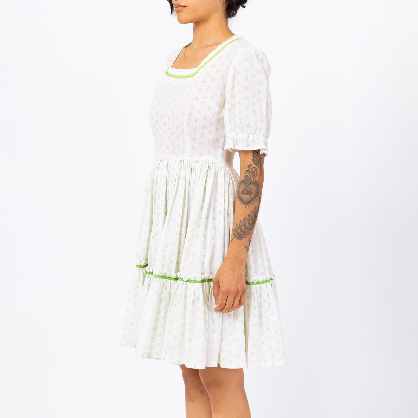 Vintage 70s White & Green Floral Square Dance Mini Dress - Small | Boho Fit Flare Cottagecore Summer Prairie Dress