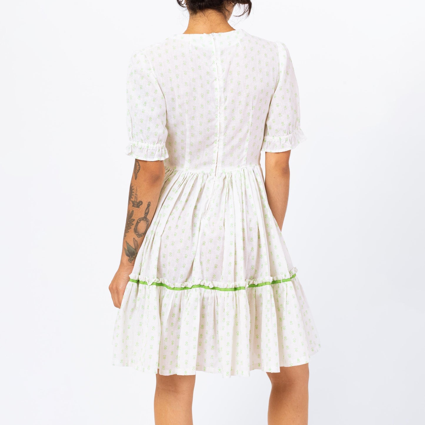 Vintage 70s White & Green Floral Square Dance Mini Dress - Small | Boho Fit Flare Cottagecore Summer Prairie Dress