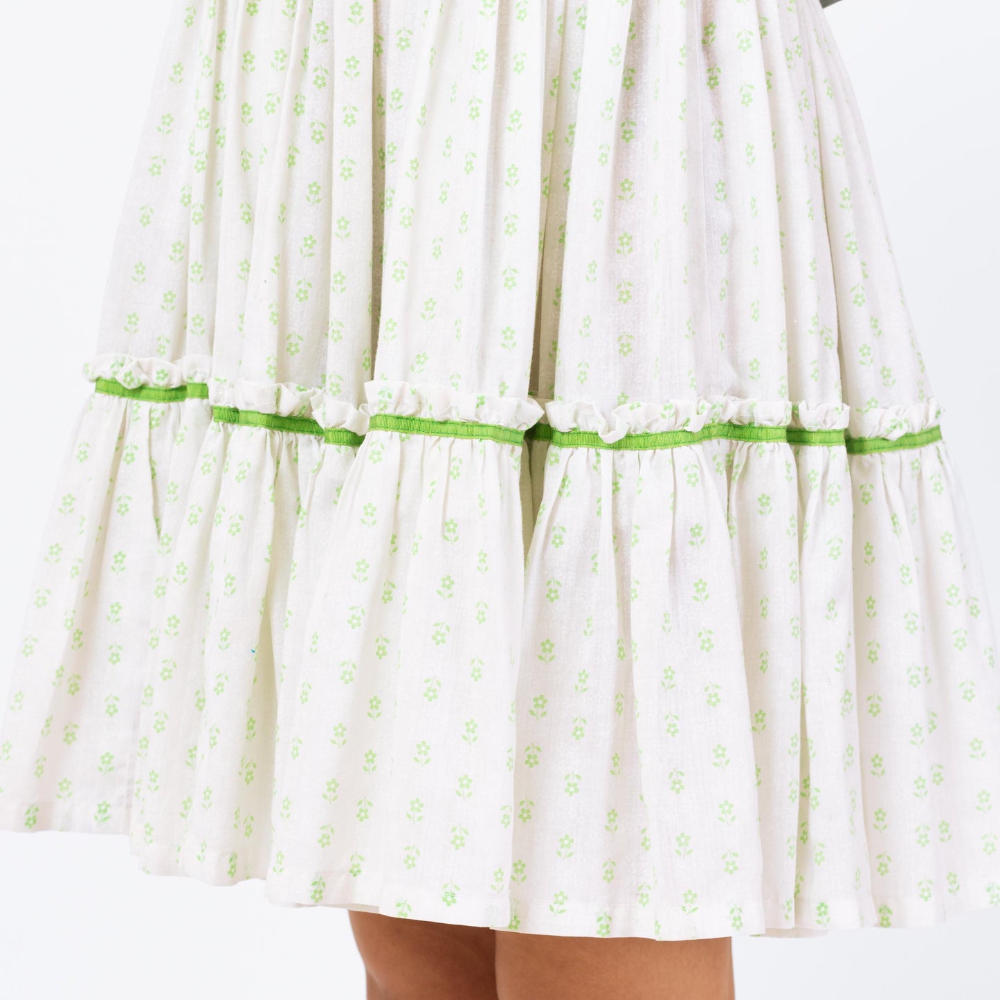 Vintage 70s White & Green Floral Square Dance Mini Dress - Small | Boho Fit Flare Cottagecore Summer Prairie Dress