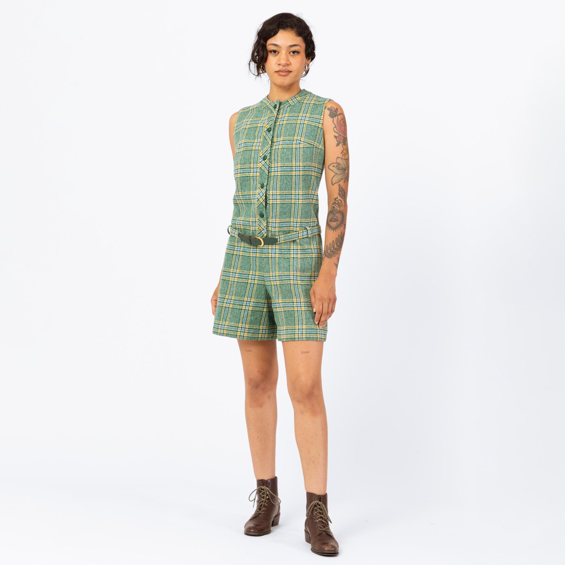 Vintage 60s Green Plaid Knit Romper - Small | Mod Sleeveless Wool Belted Button Up One Piece Academia Outfit