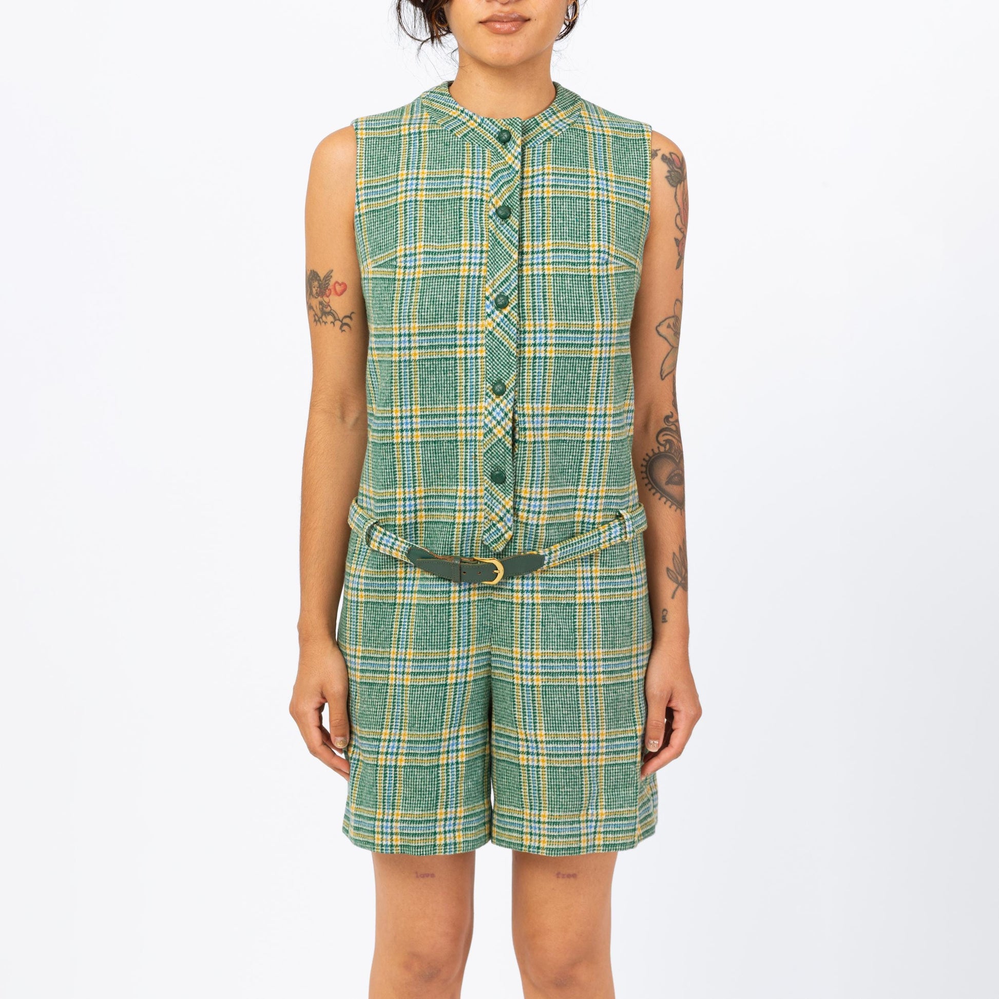 Vintage 60s Green Plaid Knit Romper - Small | Mod Sleeveless Wool Belted Button Up One Piece Academia Outfit