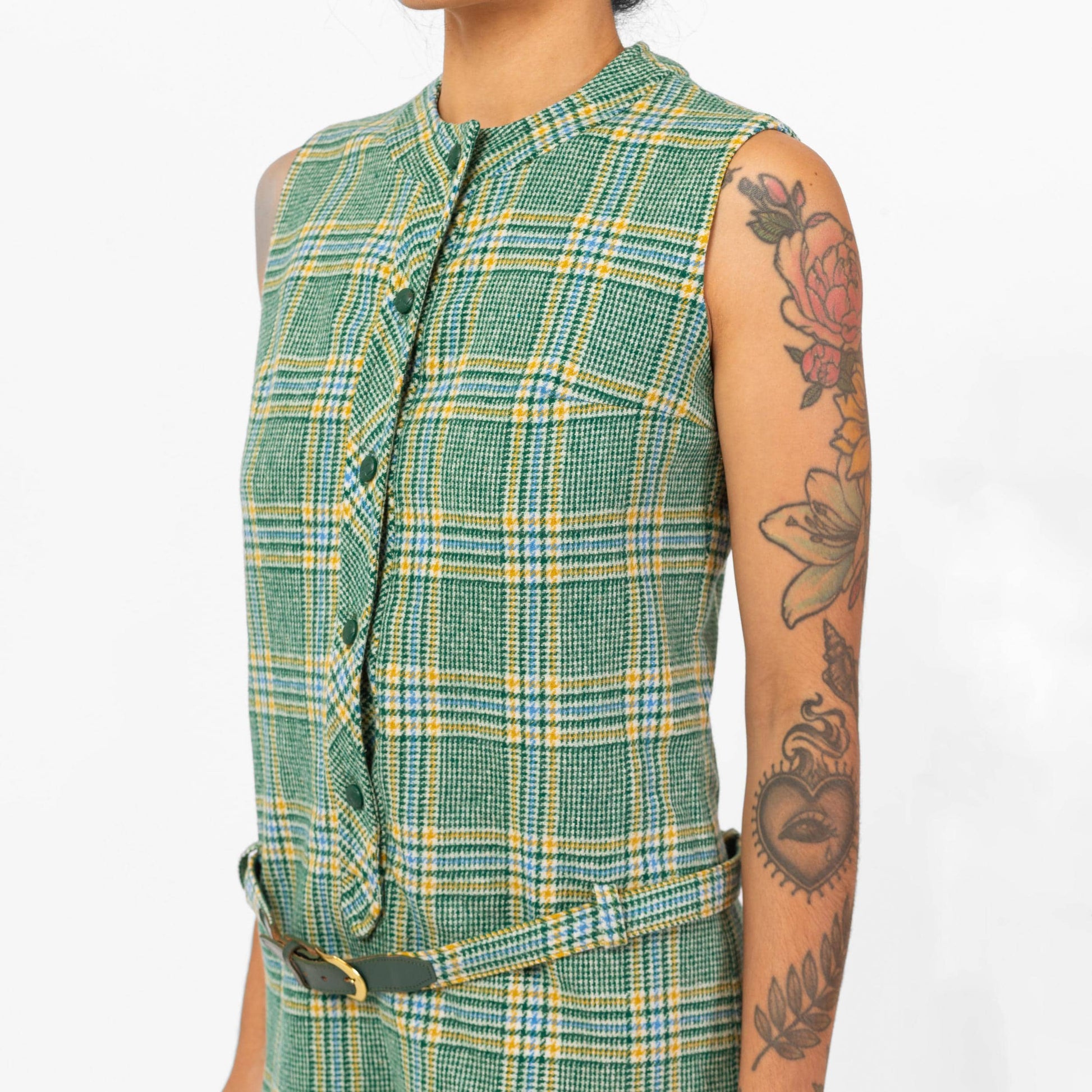 Vintage 60s Green Plaid Knit Romper - Small | Mod Sleeveless Wool Belted Button Up One Piece Academia Outfit