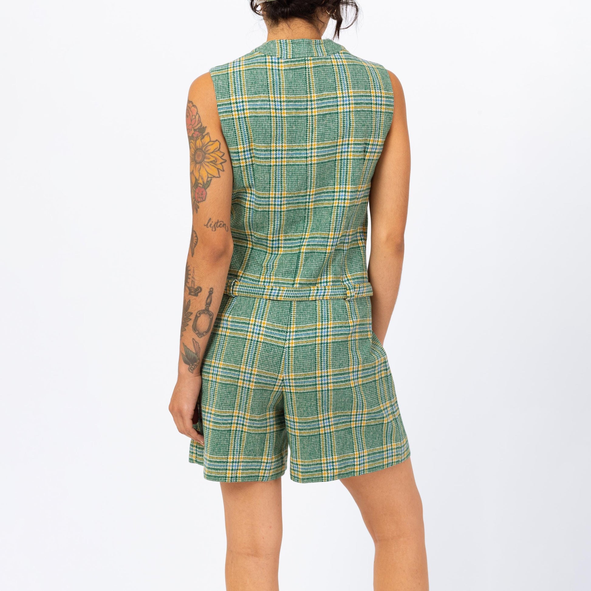 Vintage 60s Green Plaid Knit Romper - Small | Mod Sleeveless Wool Belted Button Up One Piece Academia Outfit