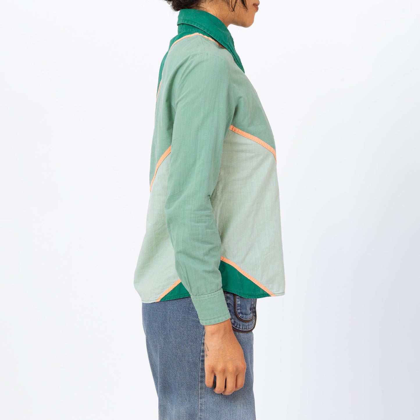 Vintage 70s Green Color Block Cotton Shirt - Medium | Boho Long Sleeve Dagger Collar Top, Button Up Western Blouse