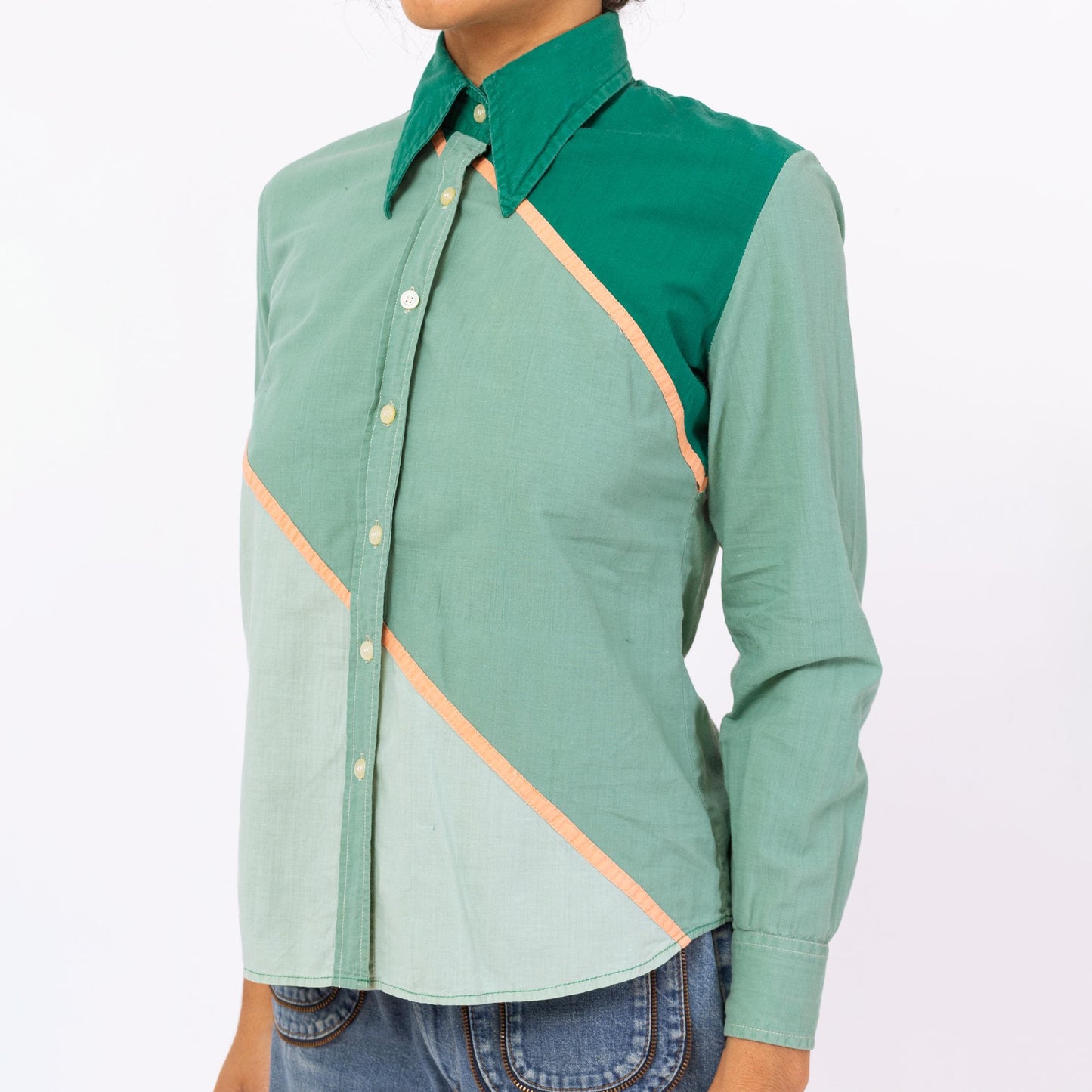 Vintage 70s Green Color Block Cotton Shirt - Medium | Boho Long Sleeve Dagger Collar Top, Button Up Western Blouse
