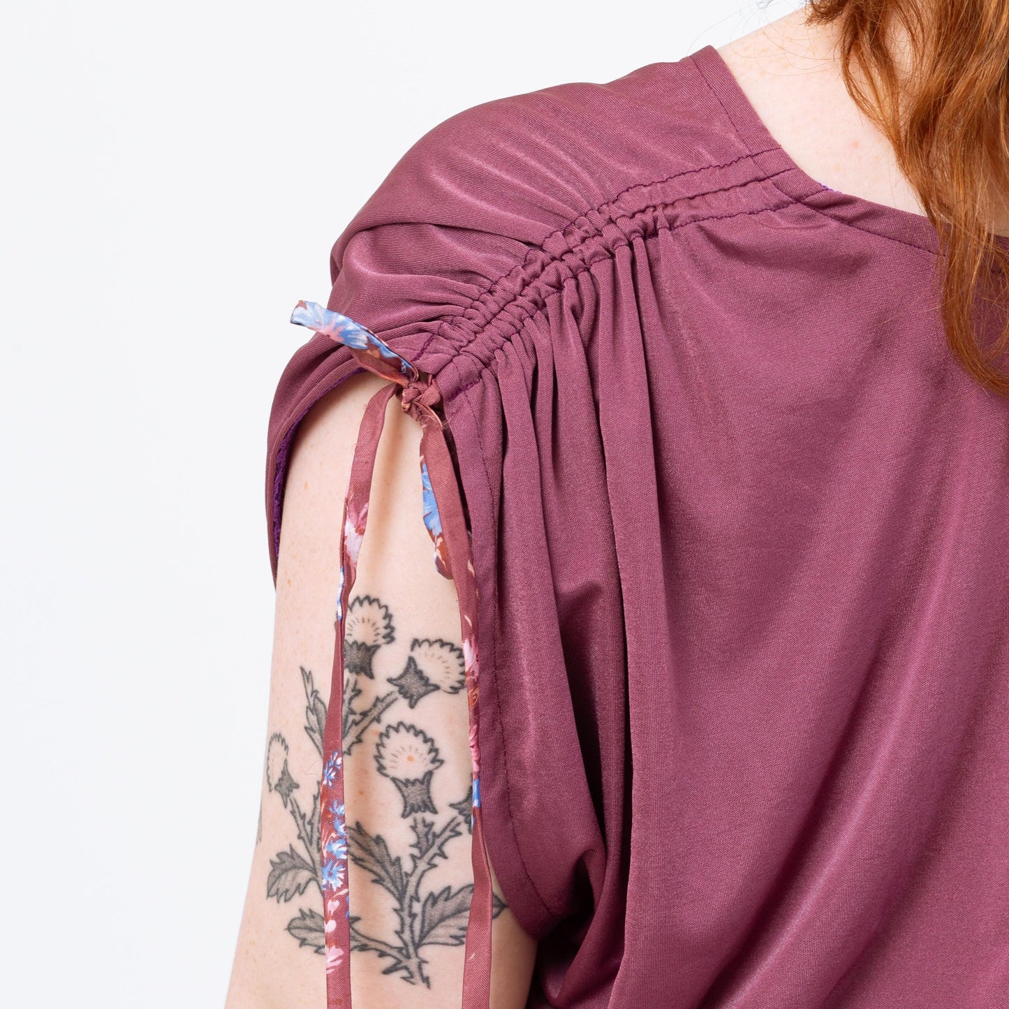 Vintage 70s Dusty Mauve Ruched Cap Sleeve Blouse - Medium | Boho Purple Draped V Neck Fitted Waist Top