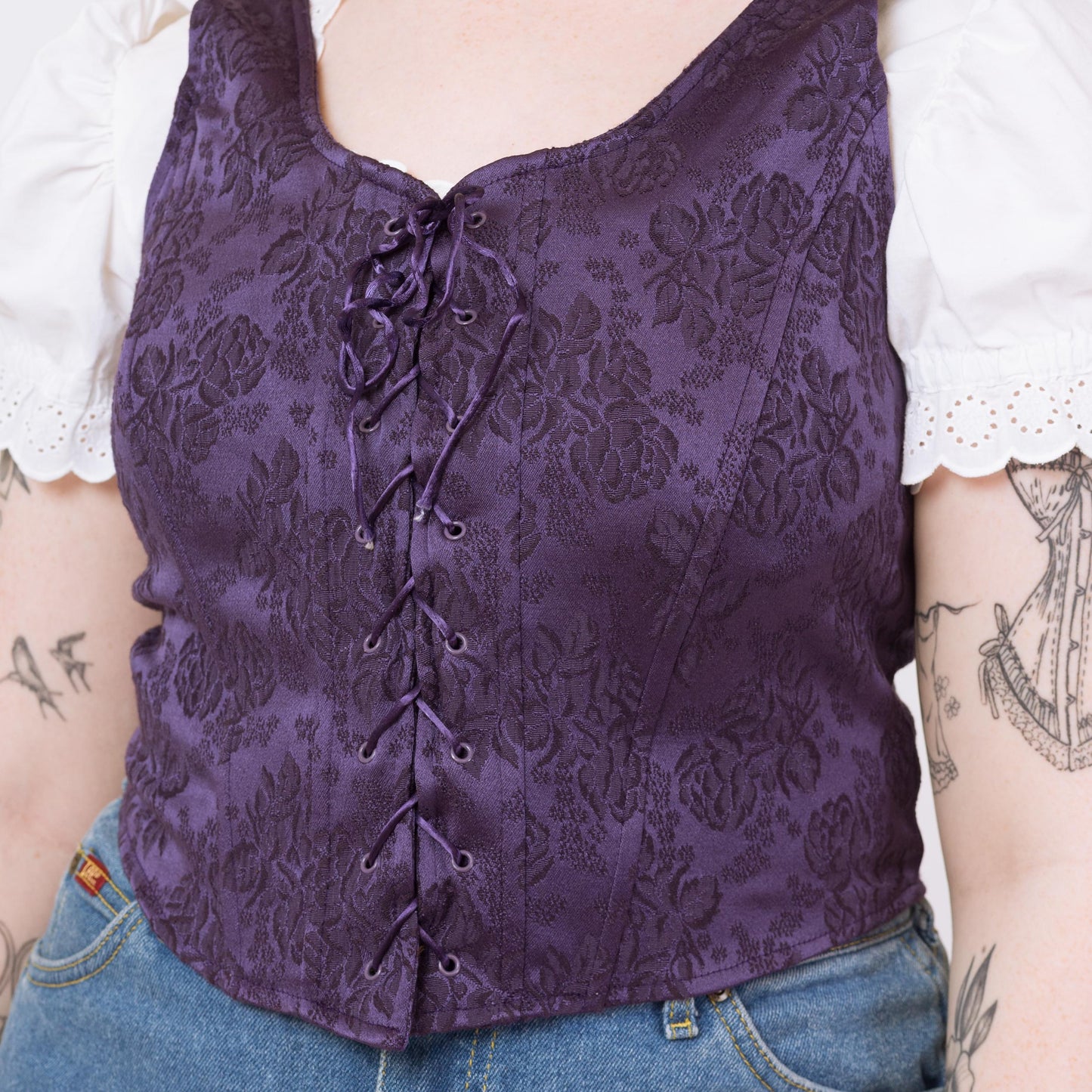 Vintage 90s Purple Jacquard Renaissance Style Corset Bodice - Medium to Large | Boho Gothic Folk Brocade Overbust Bustier Top