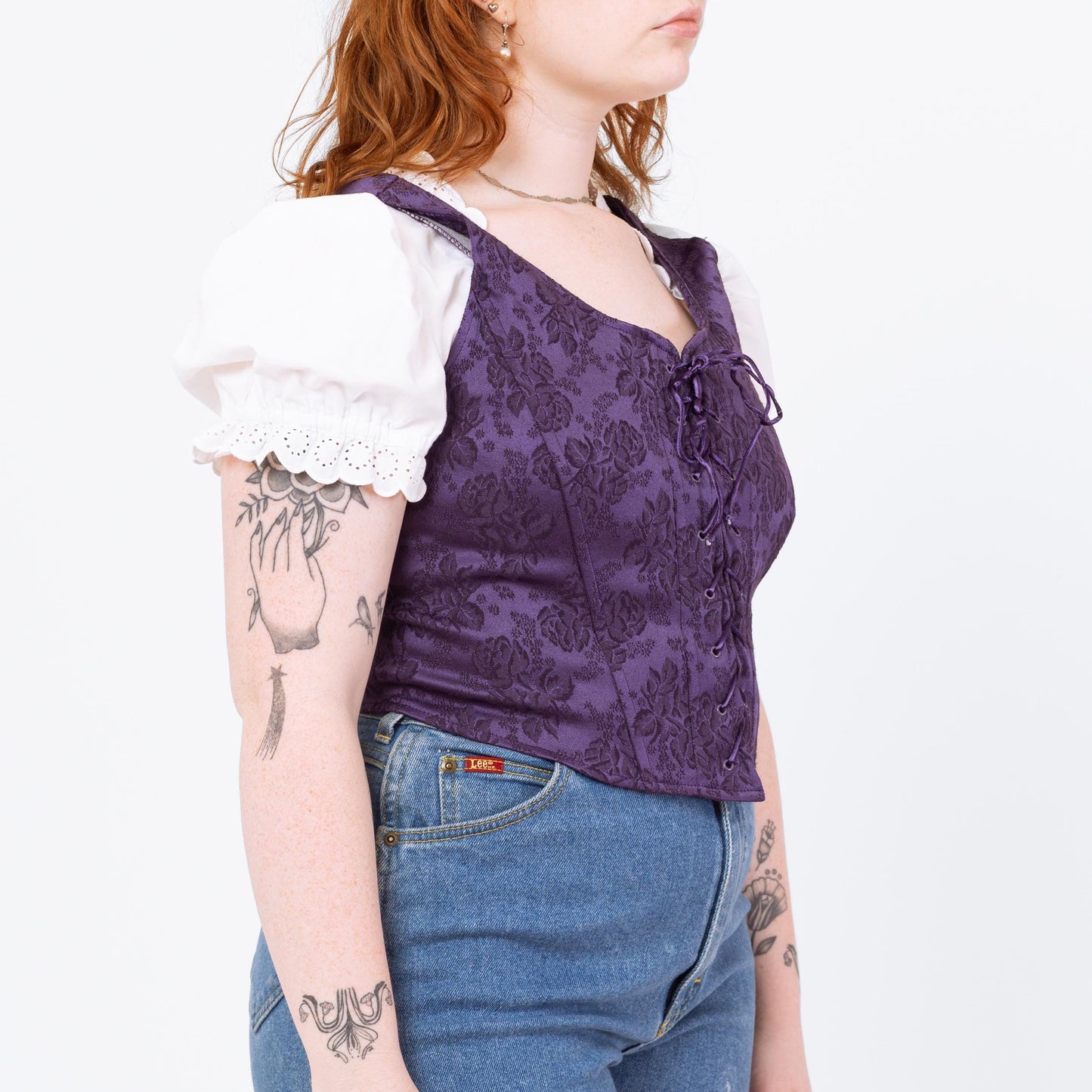 Vintage 90s Purple Jacquard Renaissance Style Corset Bodice - Medium to Large | Boho Gothic Folk Brocade Overbust Bustier Top