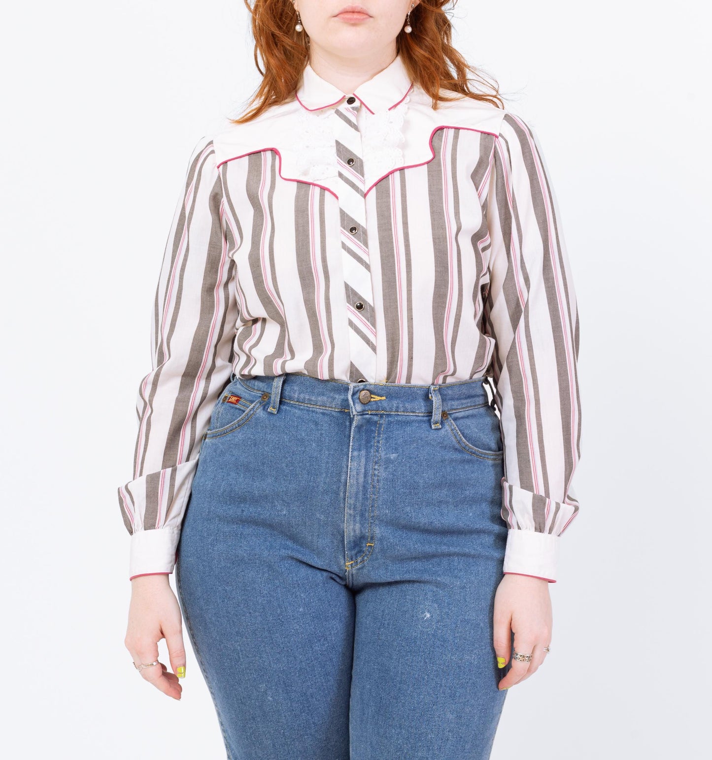 Vintage 80s Western Striped Lace Trim Yoke Shirt - Medium | Kenny Rogers Long Sleeve Pearl Snap Rockabilly Top