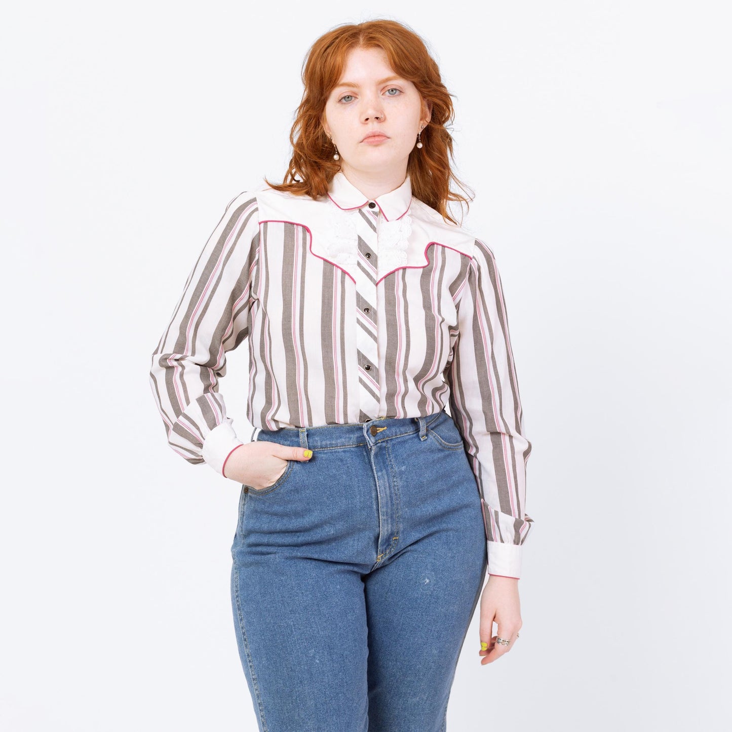 Vintage 80s Western Striped Lace Trim Yoke Shirt - Medium | Kenny Rogers Long Sleeve Pearl Snap Rockabilly Top