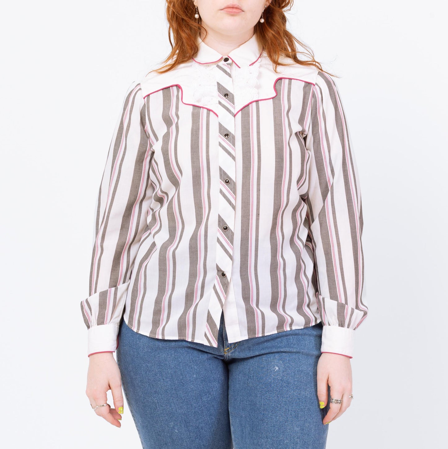Vintage 80s Western Striped Lace Trim Yoke Shirt - Medium | Kenny Rogers Long Sleeve Pearl Snap Rockabilly Top
