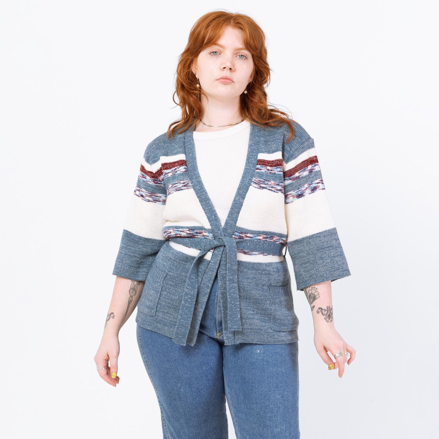 Vintage 70s Blue Space Dye Knit Belted Cardigan - Medium to Large | Boho Open Fit Striped 3/4 Sleeve Hippie Wrap Sweater