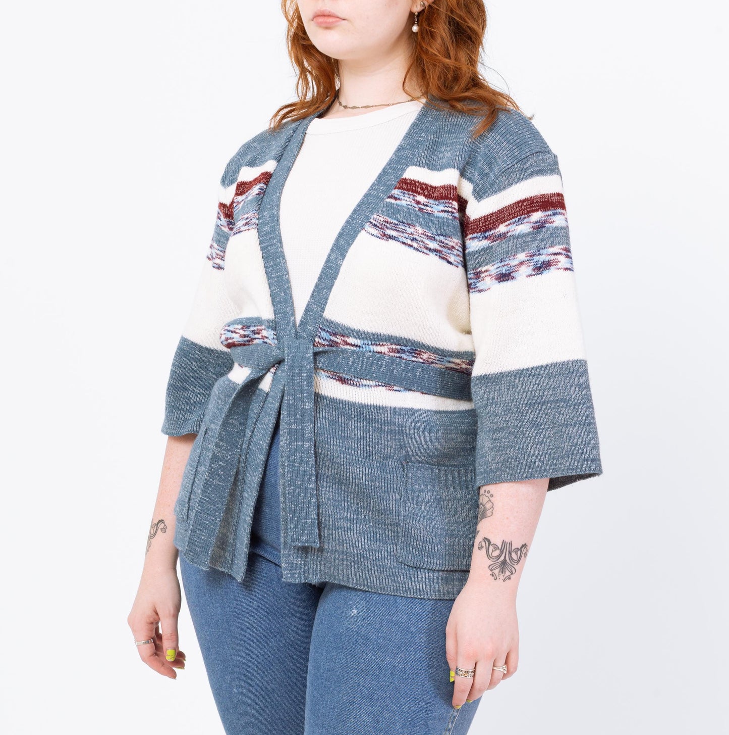 Vintage 70s Blue Space Dye Knit Belted Cardigan - Medium to Large | Boho Open Fit Striped 3/4 Sleeve Hippie Wrap Sweater