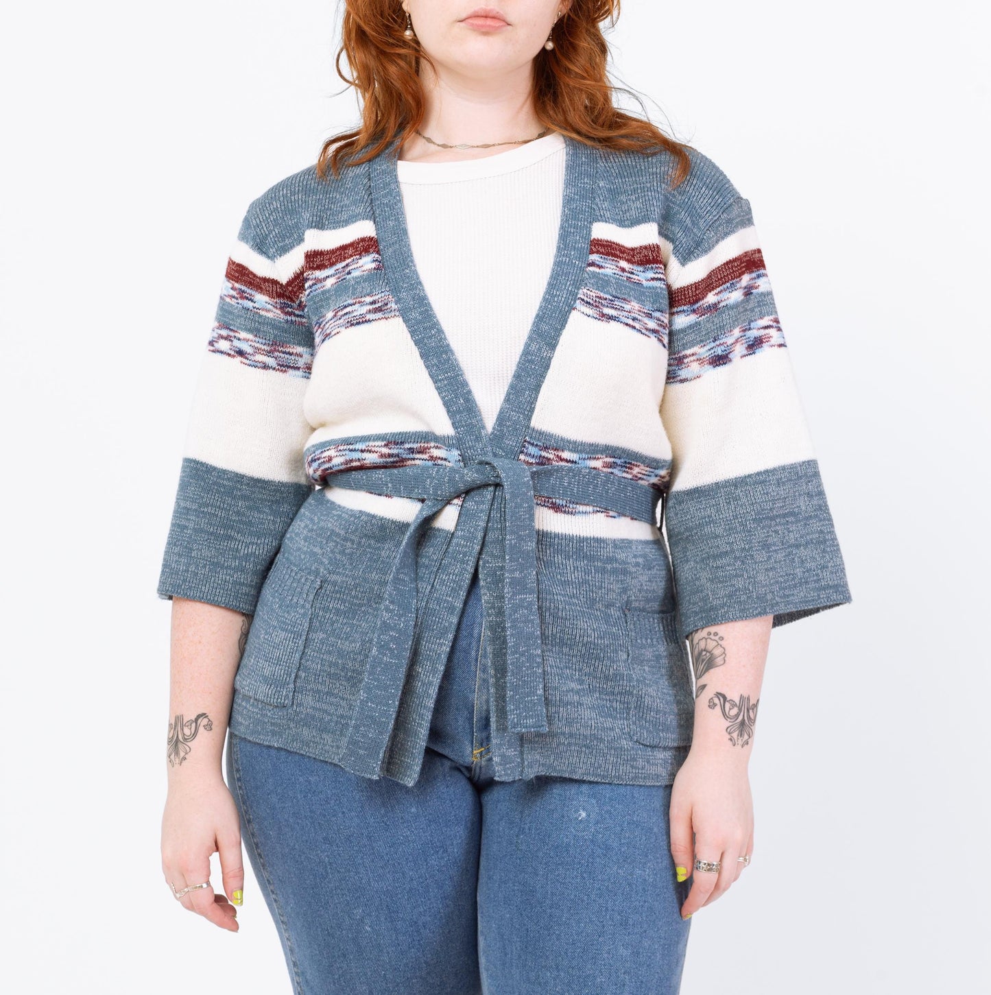 Vintage 70s Blue Space Dye Knit Belted Cardigan - Medium to Large | Boho Open Fit Striped 3/4 Sleeve Hippie Wrap Sweater
