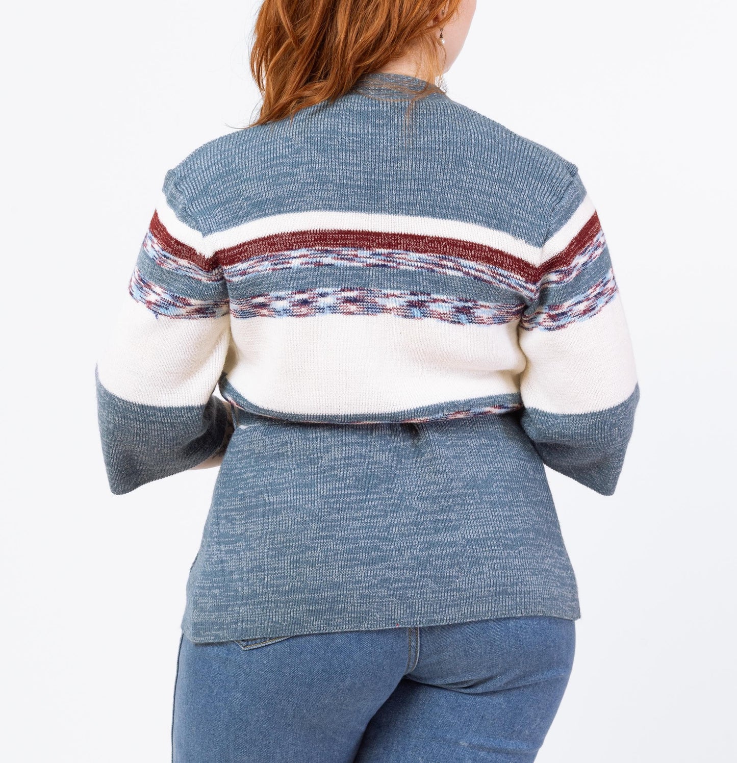 Vintage 70s Blue Space Dye Knit Belted Cardigan - Medium to Large | Boho Open Fit Striped 3/4 Sleeve Hippie Wrap Sweater