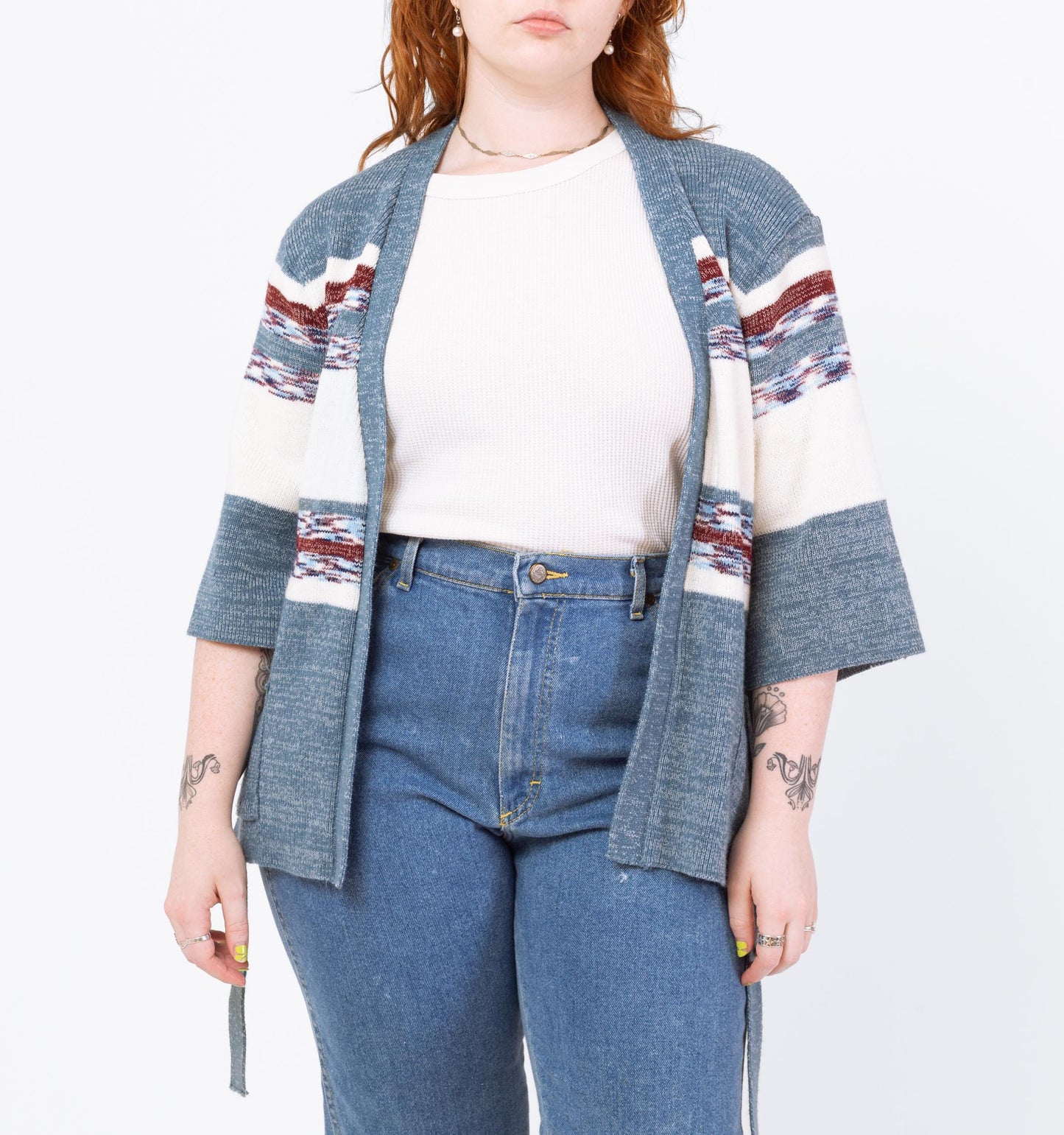 Vintage 70s Blue Space Dye Knit Belted Cardigan - Medium to Large | Boho Open Fit Striped 3/4 Sleeve Hippie Wrap Sweater