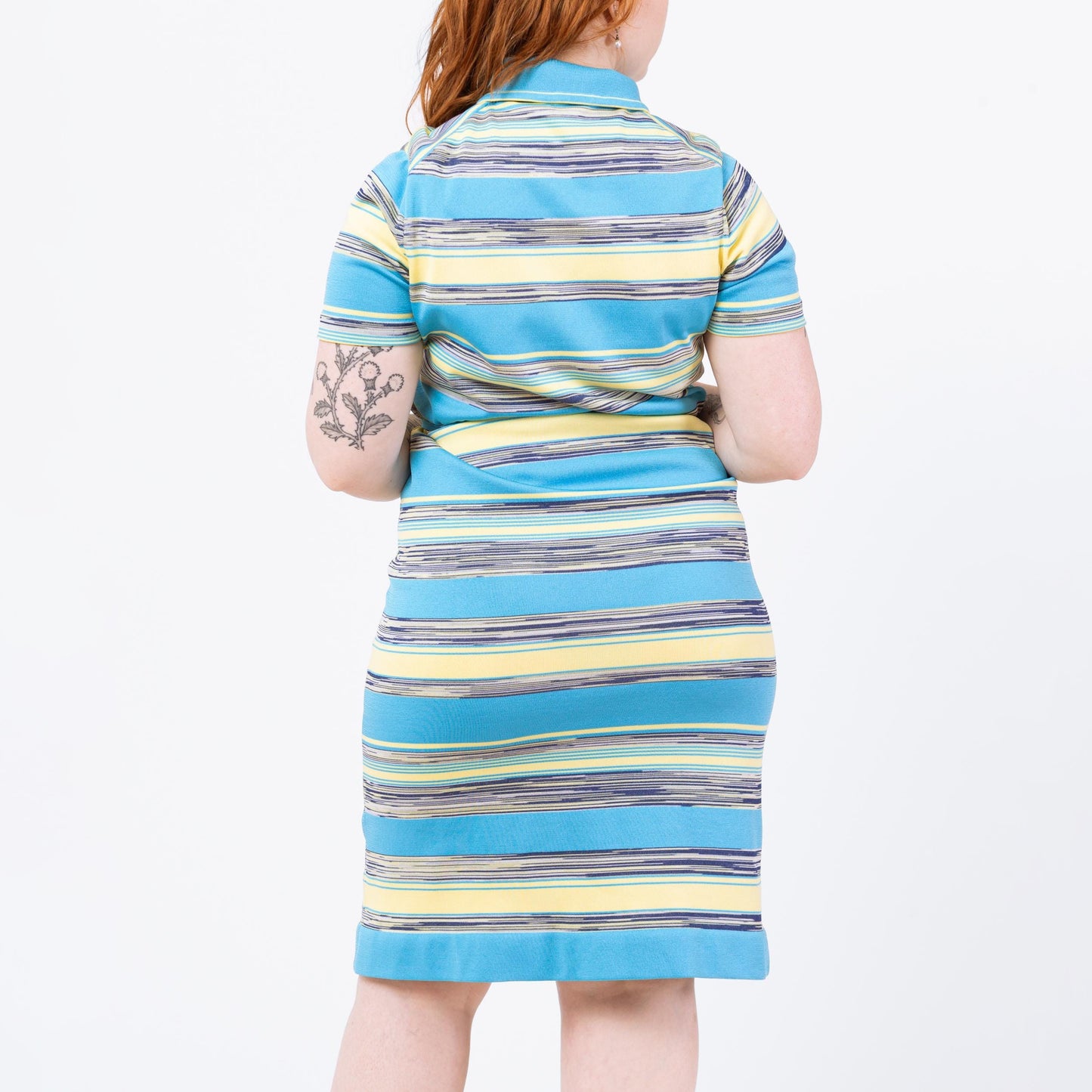 Vintage 60s 70s Mod Blue Space Dye Striped Midi Dress - Medium | Preppy Knee Length Belted Sleeveless Shirtdress