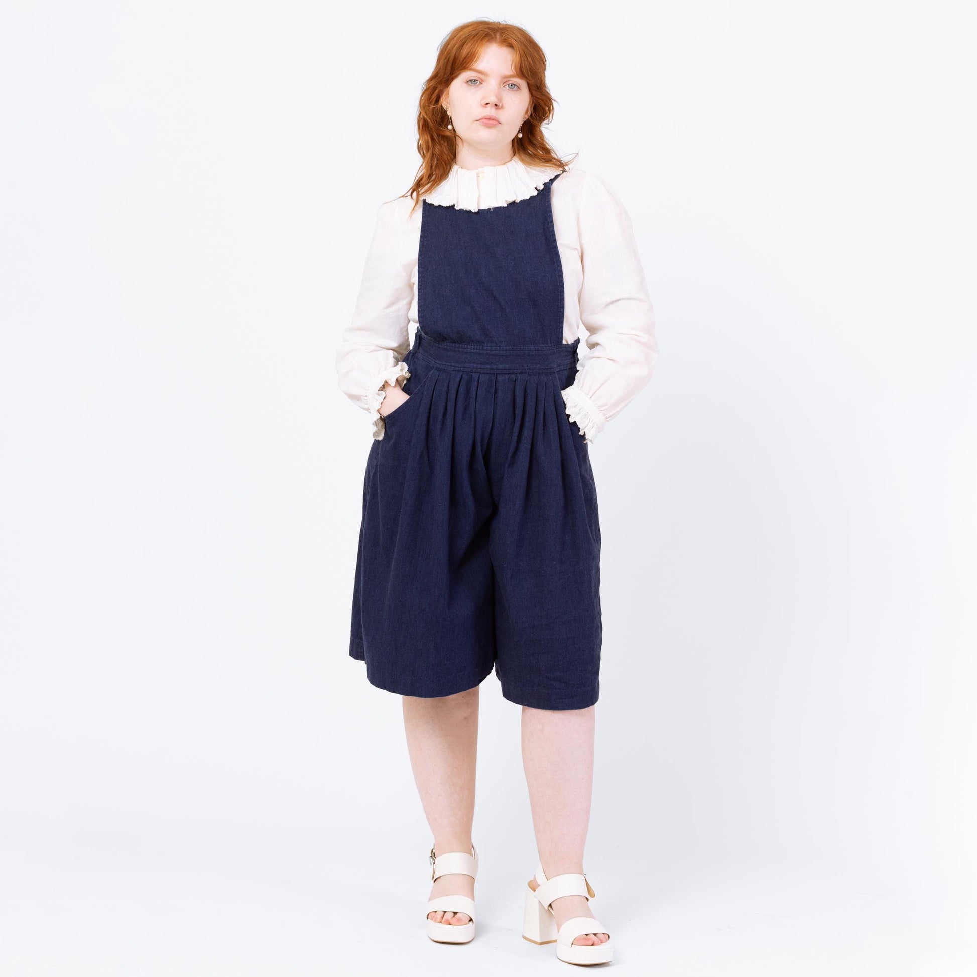 Vintage 70s Dark Wash Denim Pinafore Romper - Medium | Retro Chambray Sleeveless Apron Overall Playsuit