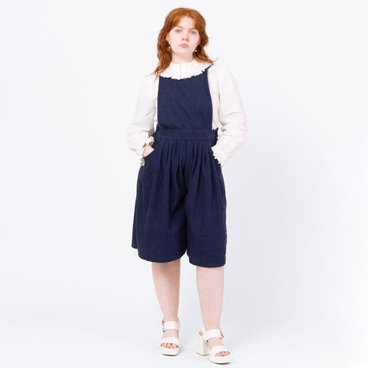 Vintage 70s Dark Wash Denim Pinafore Romper - Medium | Retro Chambray Sleeveless Apron Overall Playsuit