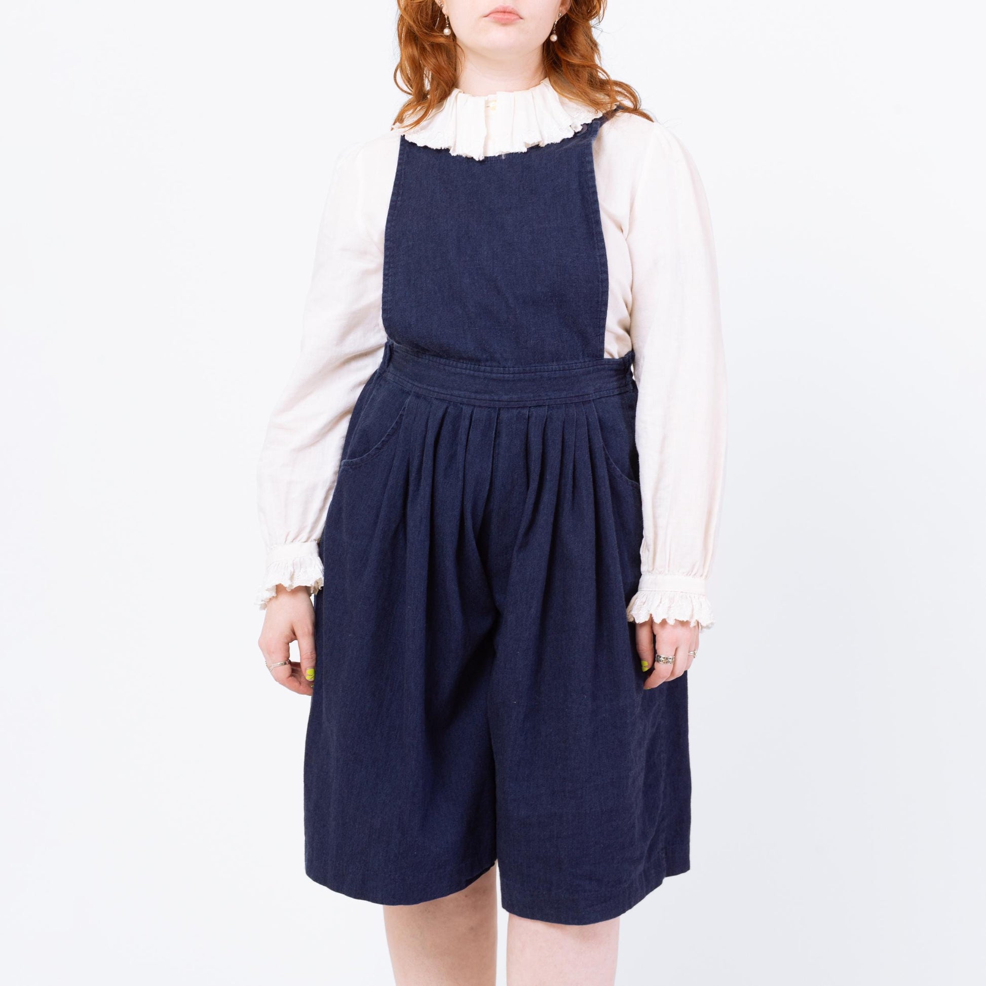 Vintage 70s Dark Wash Denim Pinafore Romper - Medium | Retro Chambray Sleeveless Apron Overall Playsuit