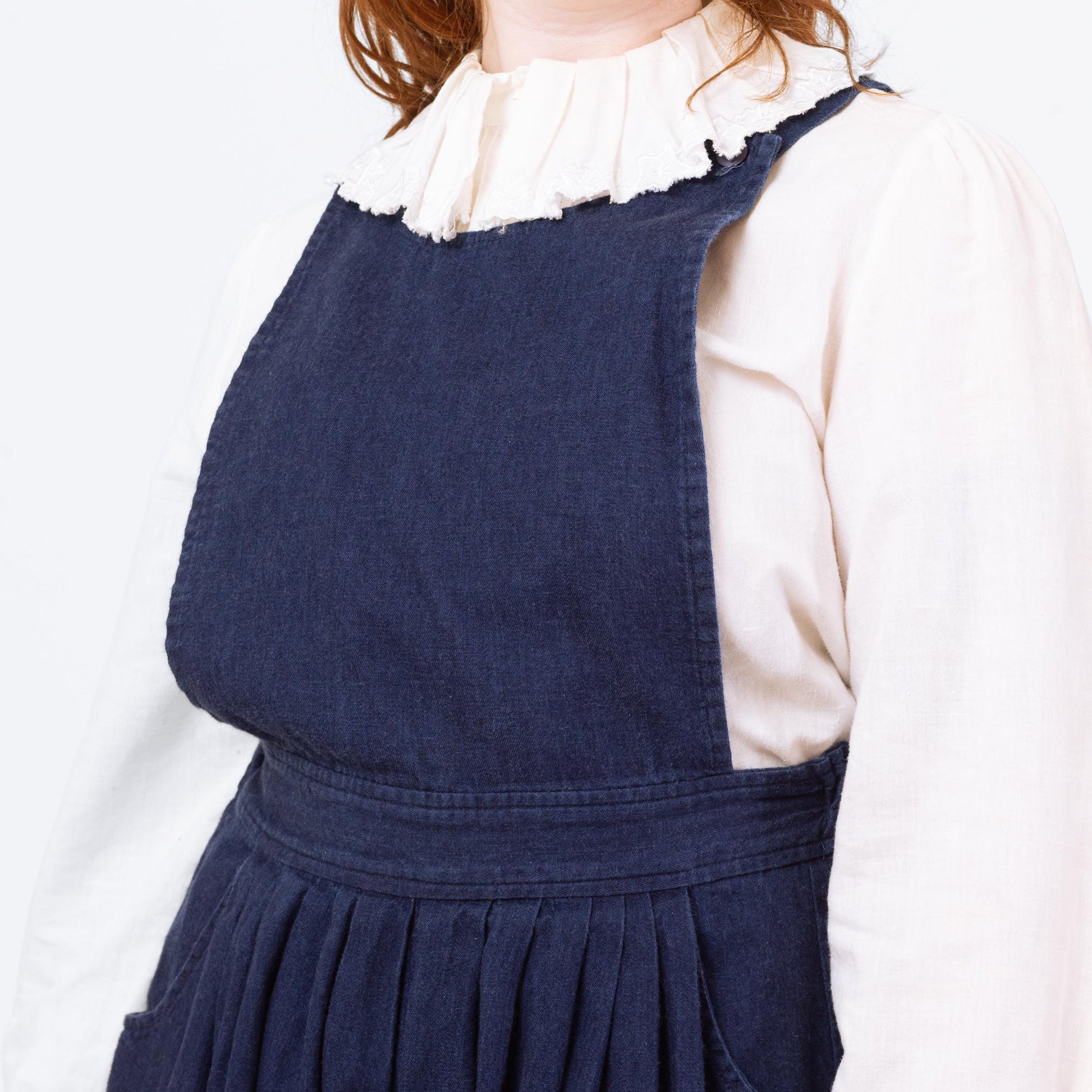 Vintage 70s Dark Wash Denim Pinafore Romper - Medium | Retro Chambray Sleeveless Apron Overall Playsuit