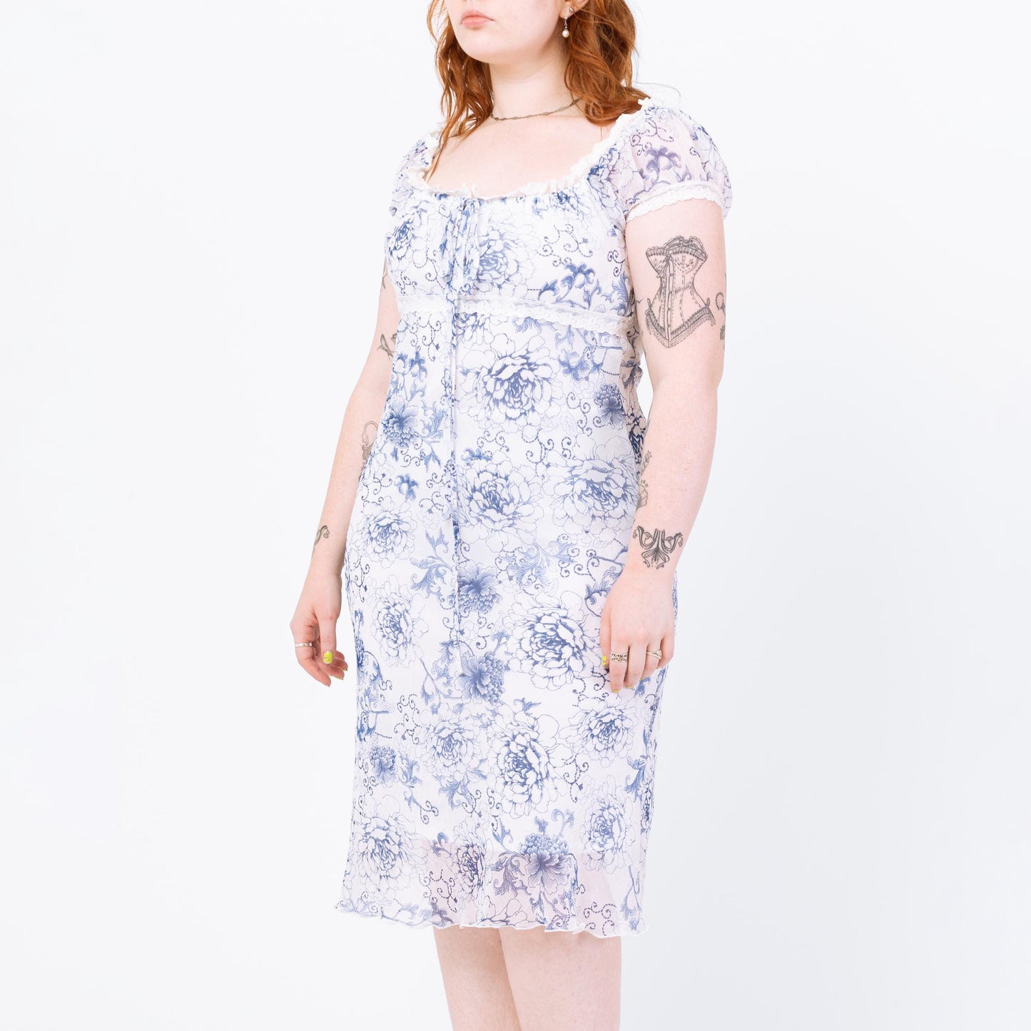 Vintage 90s Blue & White Floral Milkmaid Dress - Medium | Boho Sheer Overlay Coquette Aesthetic Romantic Midi Babydoll Sundress