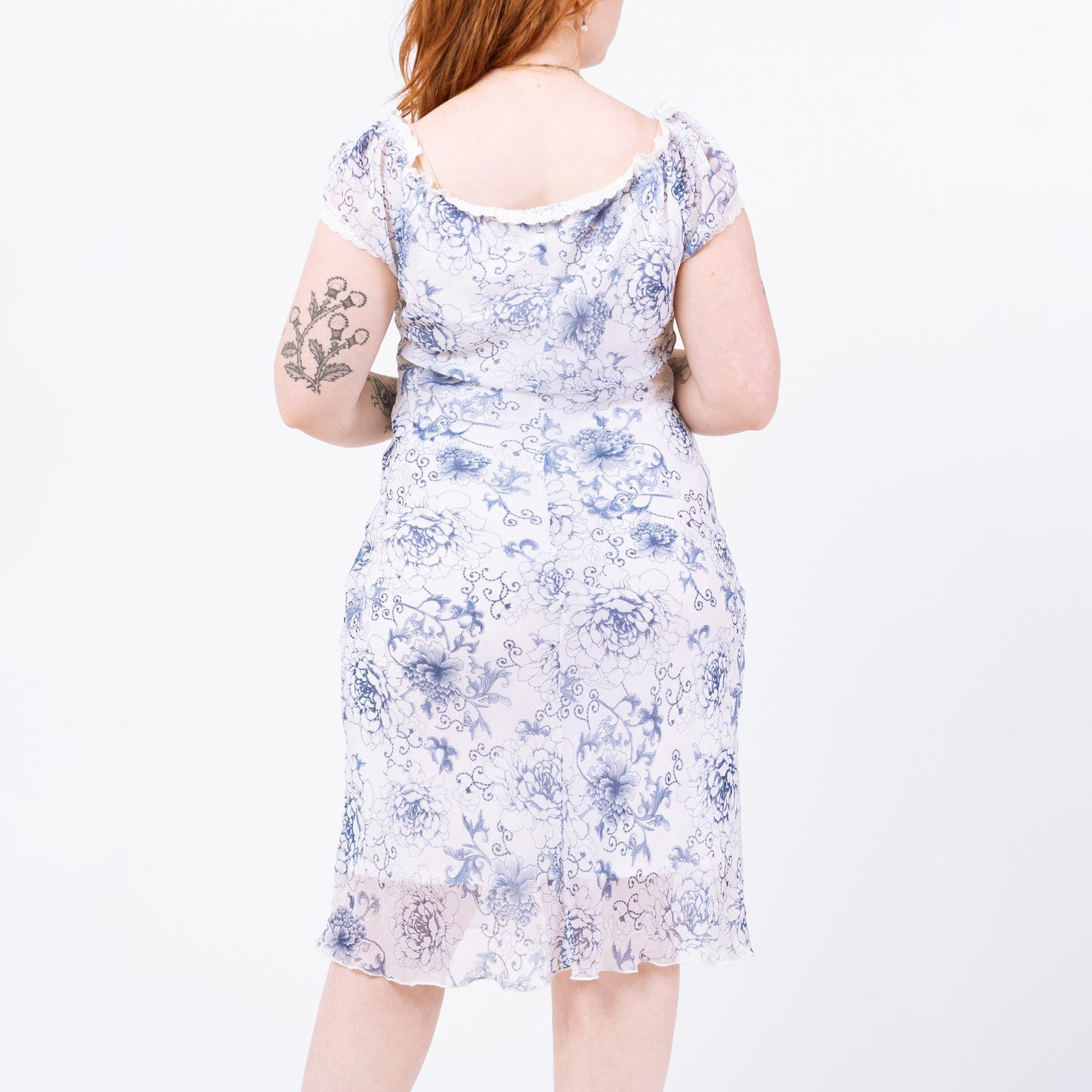 Vintage 90s Blue & White Floral Milkmaid Dress - Medium | Boho Sheer Overlay Coquette Aesthetic Romantic Midi Babydoll Sundress