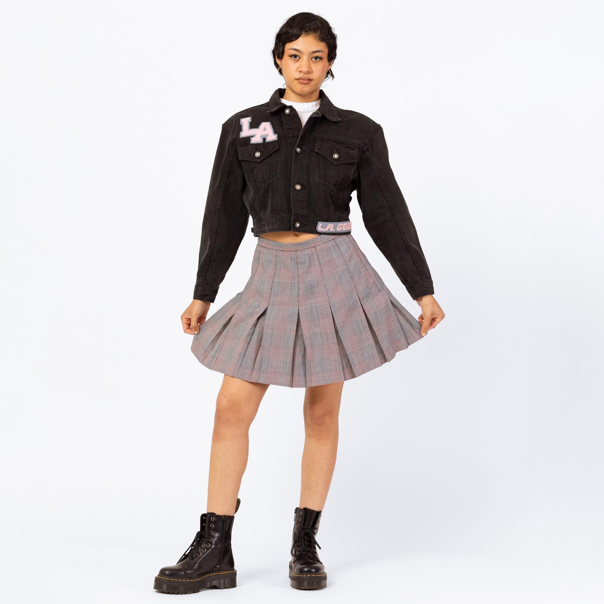 Vintage 80s Plaid Pleated Schoolgirl Mini Skirt - Small, 27" Waist | Dark Academia Grey Red High Waisted Miniskirt