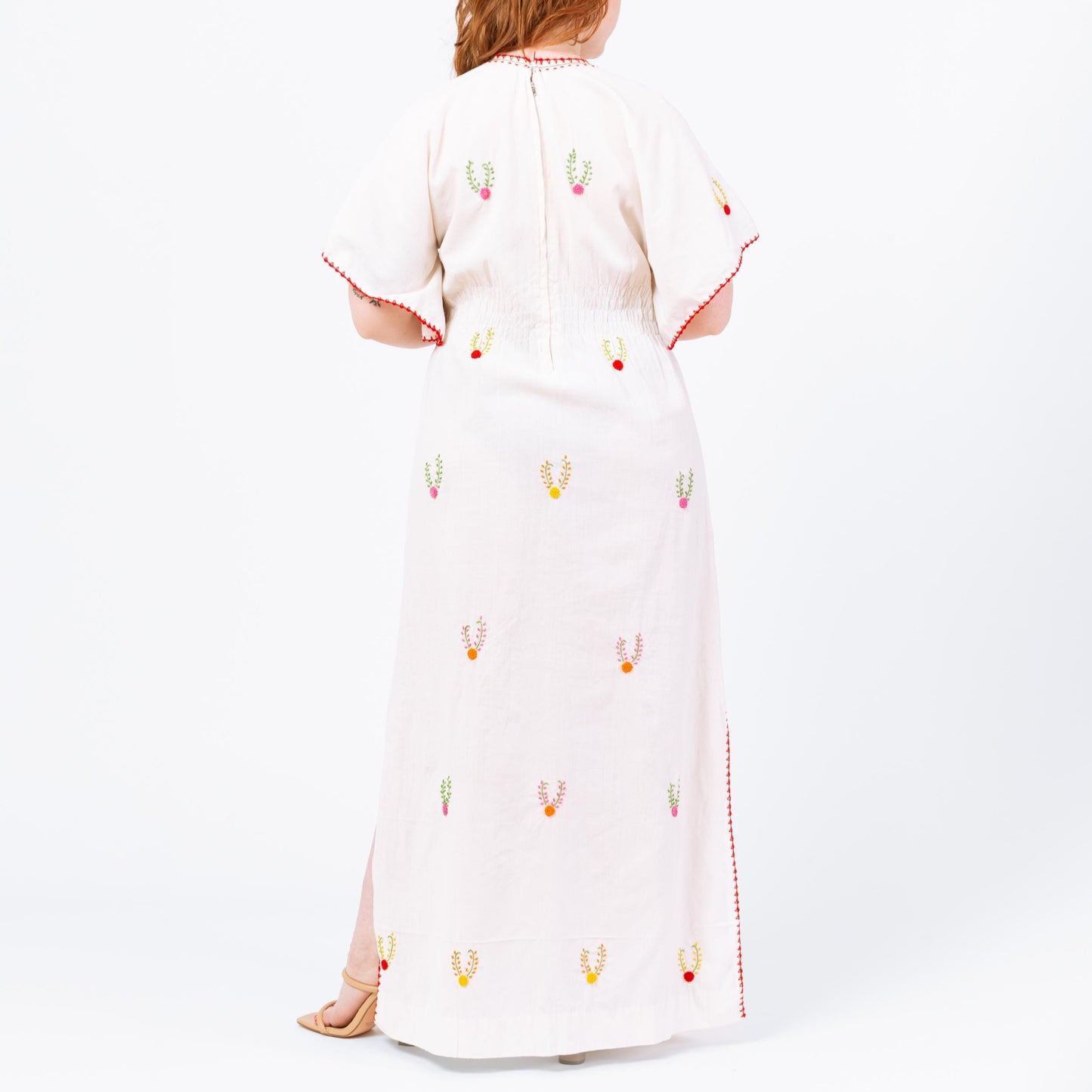Vintage 60s Boho White Embroidered Angel Sleeve Kaftan Maxi Dress - Large | Bohemian A Line Floral Embroidered Mexican Hippie Gown
