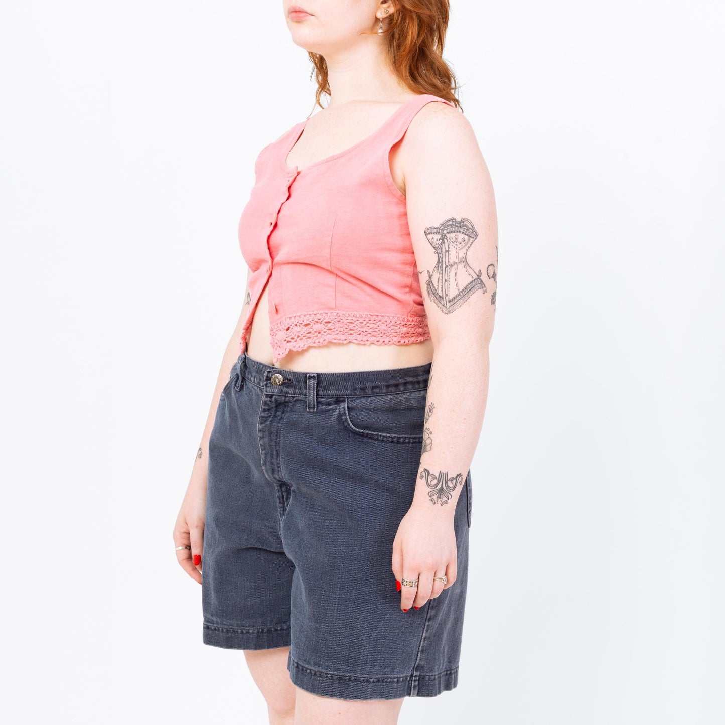 Vintage 80s Pink Cotton Crochet Trim Cropped Tank - Medium | Boho Sleeveless Button Up Crop Top