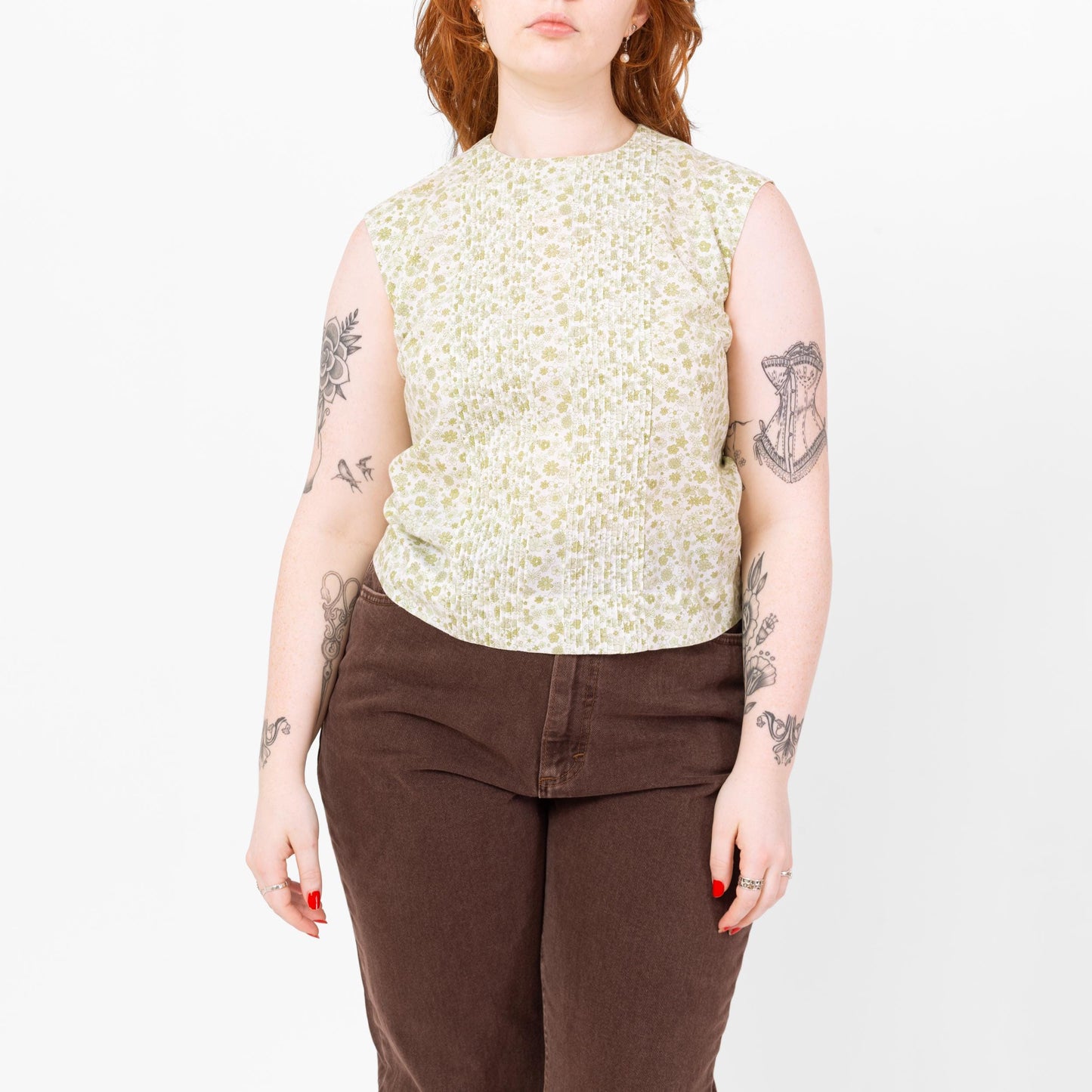 Vintage 60s Mint Green Floral Button Back Sleeveless Top - Medium | 1960s Boho Cropped Summer Blouse