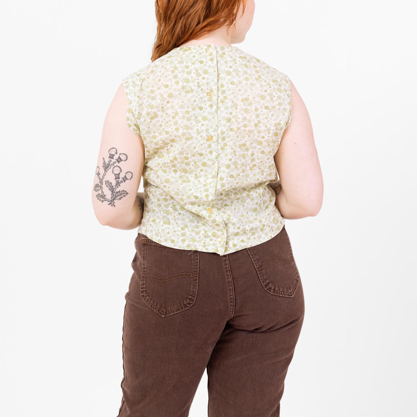 Vintage 60s Mint Green Floral Button Back Sleeveless Top - Medium | 1960s Boho Cropped Summer Blouse