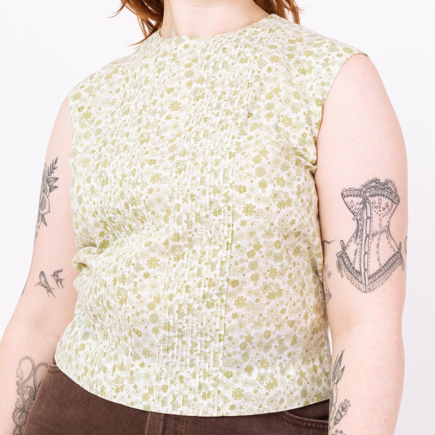 Vintage 60s Mint Green Floral Button Back Sleeveless Top - Medium | 1960s Boho Cropped Summer Blouse