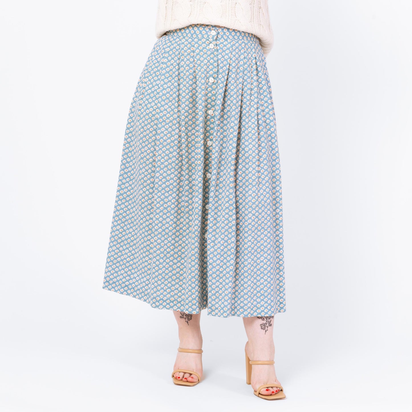 Vintage 90s Blue Daisy Floral Print Maxi Skirt - Large, 31"-32" Waist | High Waisted Pleated Boho Long Pocket Skirt