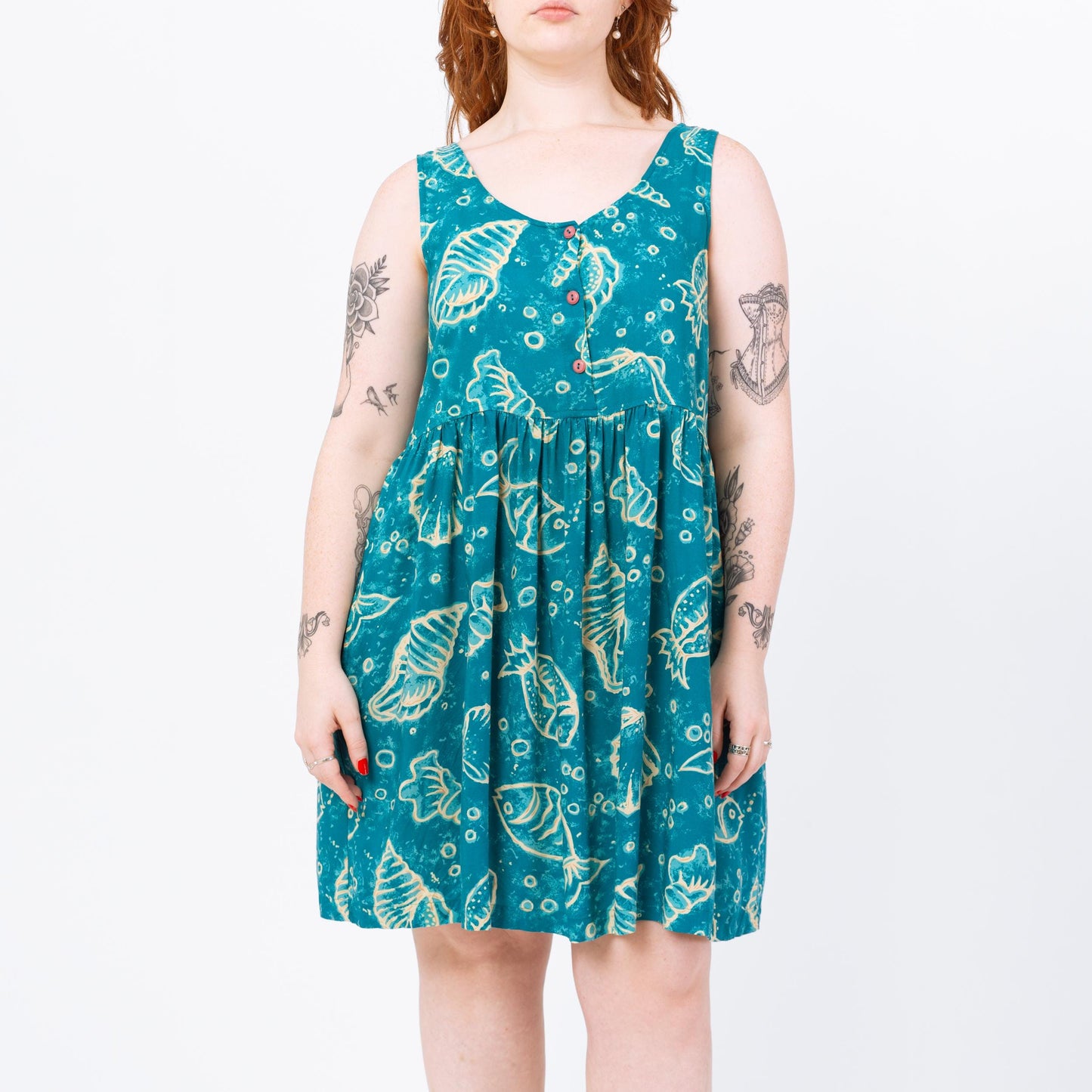 Vintage 90s Teal Fish & Seashell Batik Print Mini Sundress - Medium | Blue Tie Dye Summer Dress, Boho Sleeveless Button Up Beach Dress