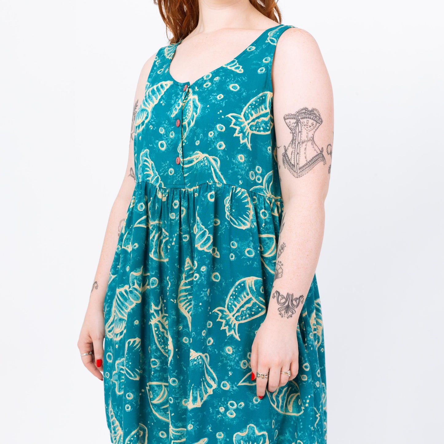 Vintage 90s Teal Fish & Seashell Batik Print Mini Sundress - Medium | Blue Tie Dye Summer Dress, Boho Sleeveless Button Up Beach Dress