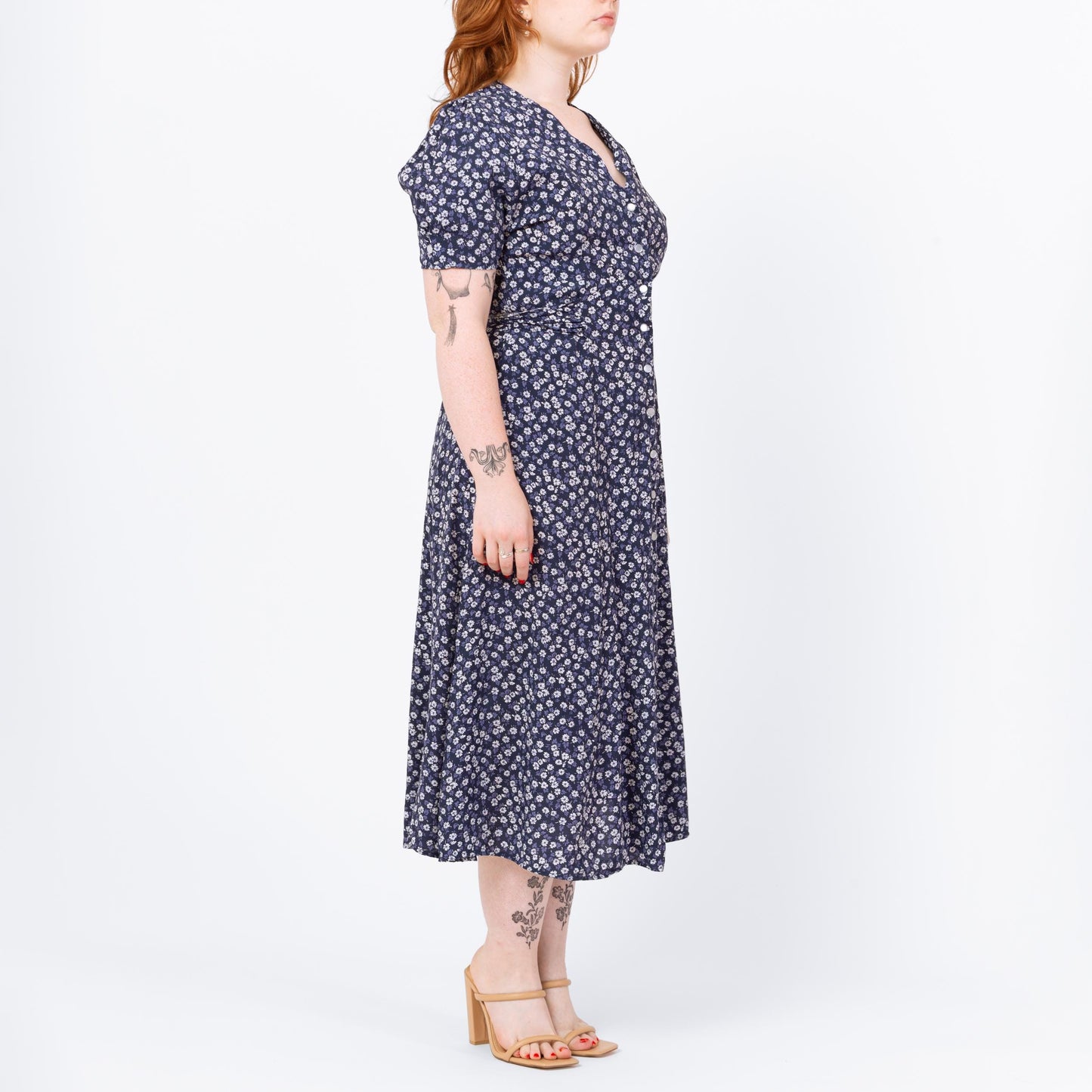Vintage 90s Blue Floral Puff Sleeve Midi Dress - Medium | Boho Button Up Short Sleeve Shirtdress