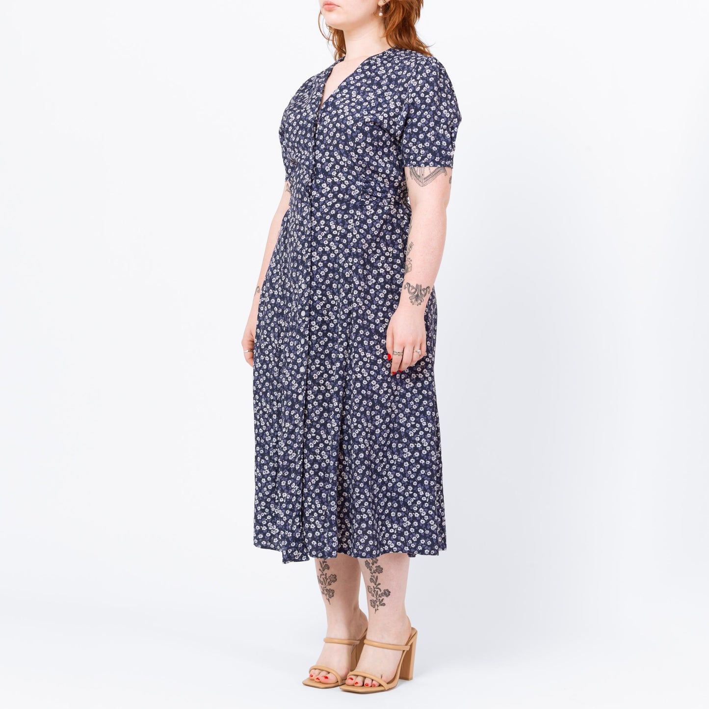 Vintage 90s Blue Floral Puff Sleeve Midi Dress - Medium | Boho Button Up Short Sleeve Shirtdress