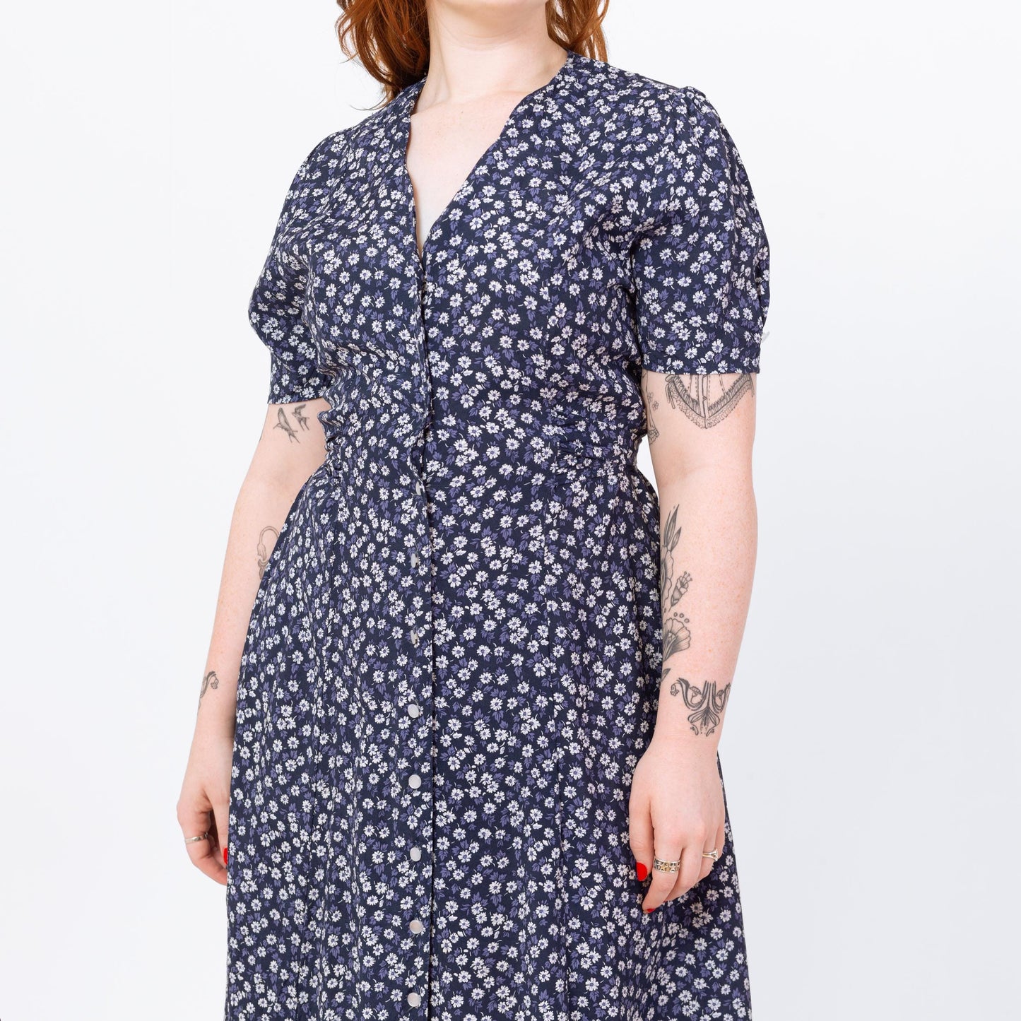 Vintage 90s Blue Floral Puff Sleeve Midi Dress - Medium | Boho Button Up Short Sleeve Shirtdress