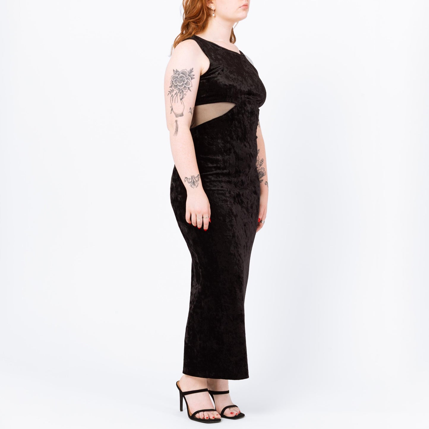 Vintage 90s Black Velvet Mesh Cut Out Waist Maxi Dress - Large | Sleeveless Bodycon Fitted Slinky Sexy Cocktail Party Dress