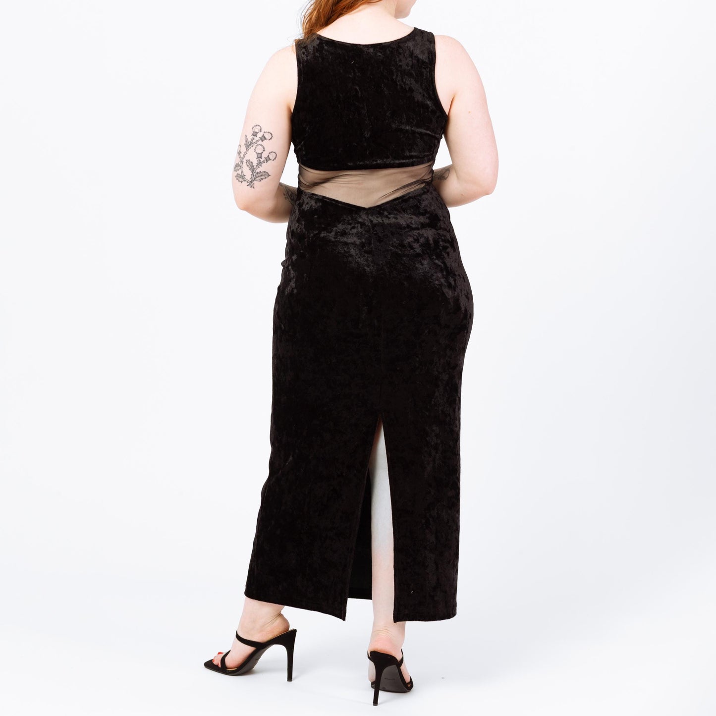 Vintage 90s Black Velvet Mesh Cut Out Waist Maxi Dress - Large | Sleeveless Bodycon Fitted Slinky Sexy Cocktail Party Dress